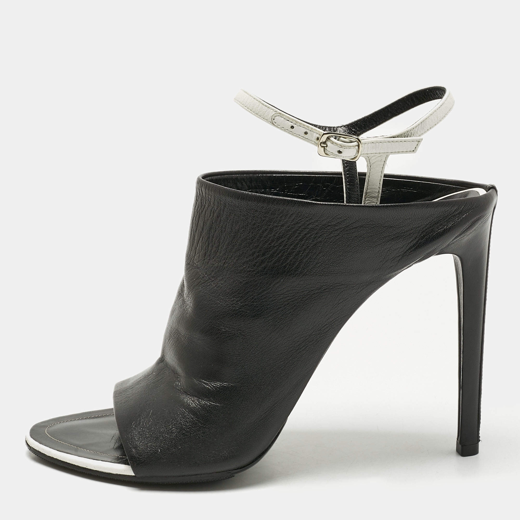 Pre Owned Balenciaga Black/White Leather Glove Ankle Strap Open Toe Mules Size 40.5