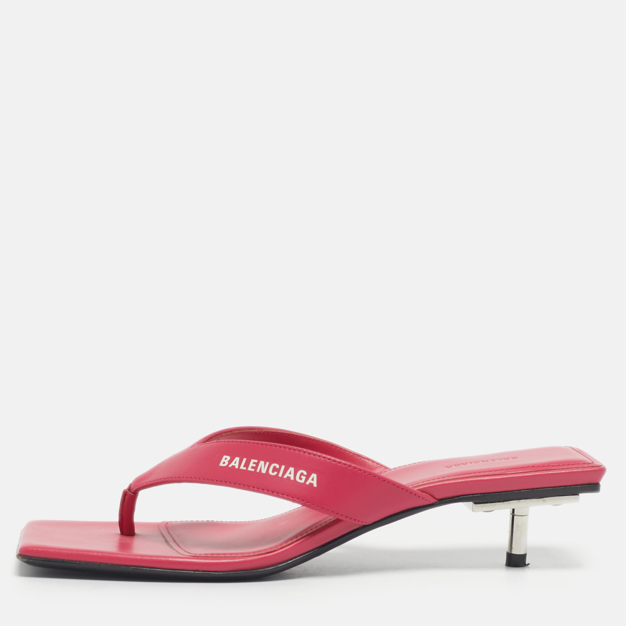 Pre Owned Balenciaga Pink Leather Thong Square Slide Sandals Size 36.5