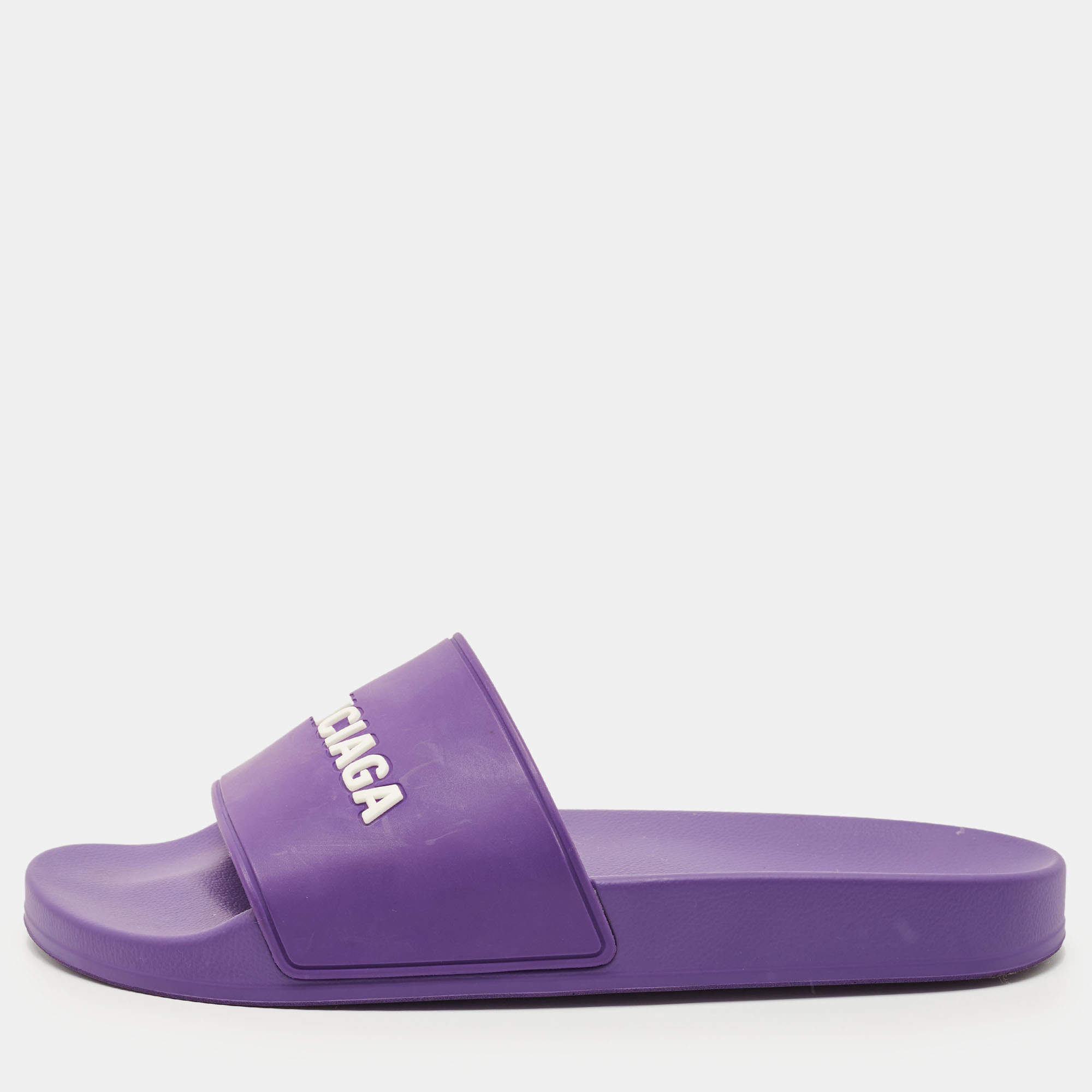 Pre Owned Balenciaga Purple/White Rubber Logo Pool Slides Size 42