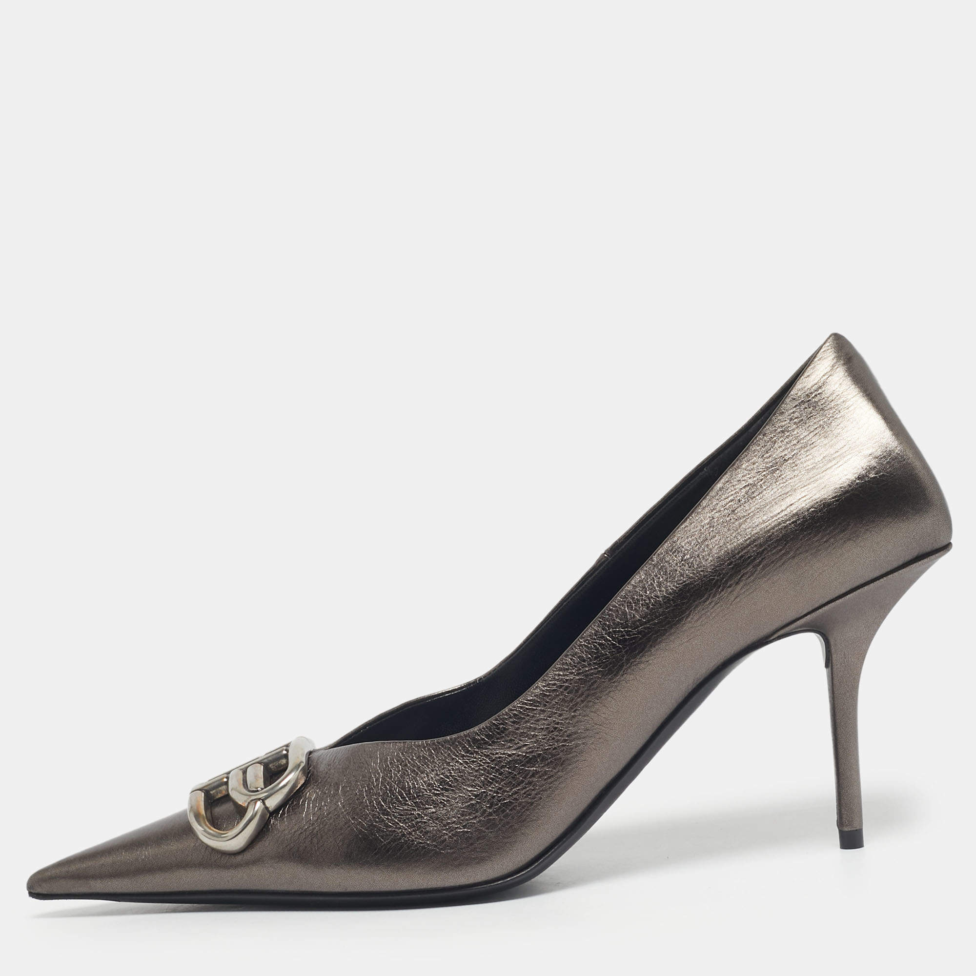 Pre Owned Balenciaga Metallic Leather Knife BB Pointed Toe Pumps Size 39.5