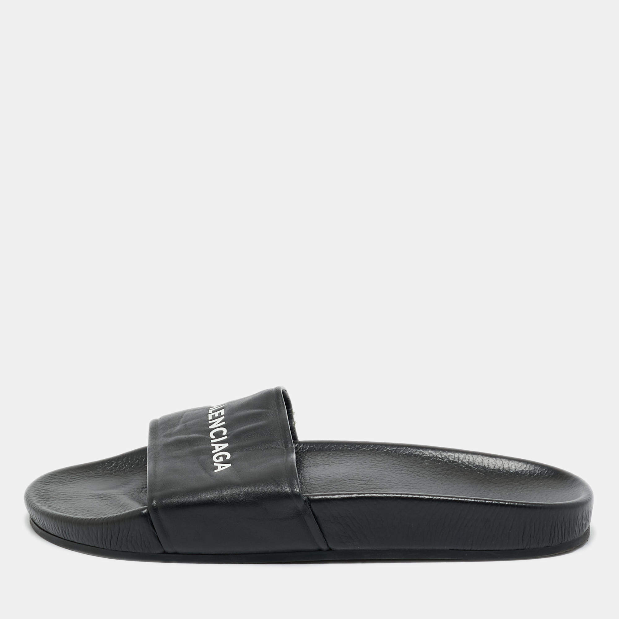 Pre Owned Balenciaga Black Logo Stamped Leather Slide Sandals Size 39