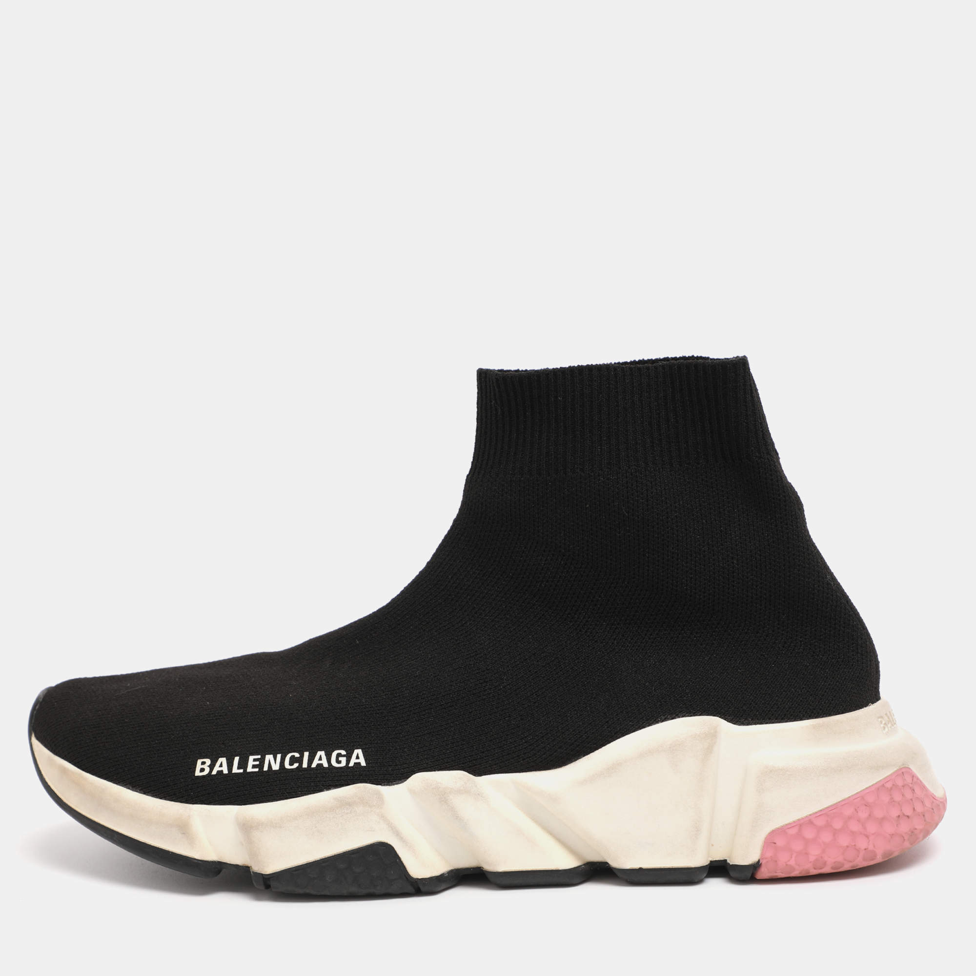 Pre Owned Balenciaga Black Knit Fabric Speed Trainer High Top Sneakers Size 38