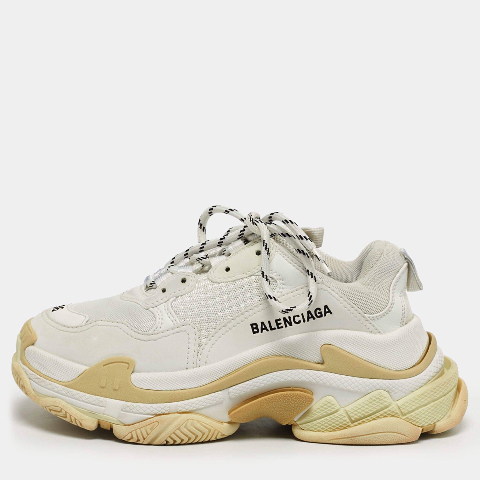 Pre Owned Balenciaga White Faux Leather and Mesh Triple S Sneakers Size 36