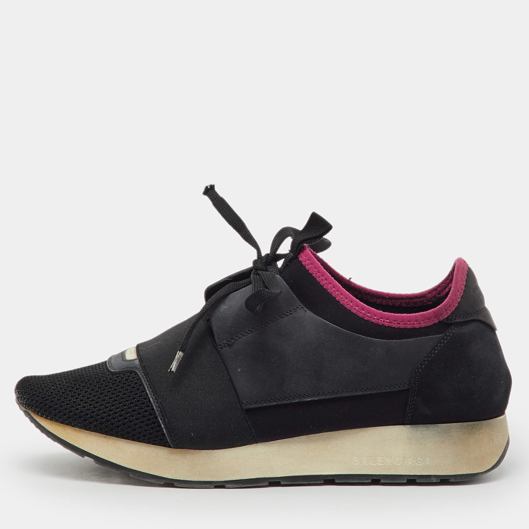 Pre Owned Balenciaga Black Mesh, Fabric and Leather Race Runner Low Top Sneakers Size 39