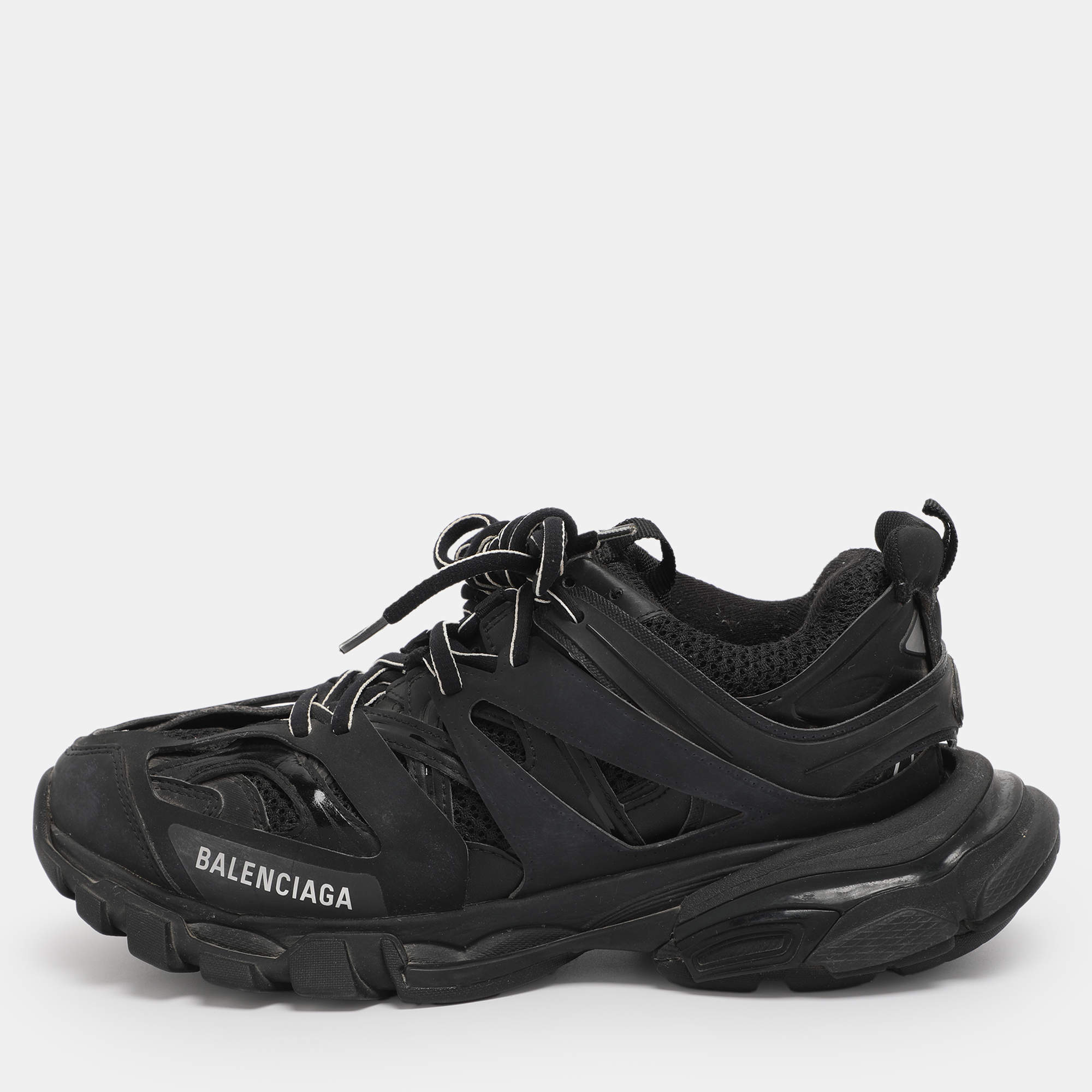 Pre Owned Balenciaga Black Faux Leather and Mesh Track Sneakers Size 39