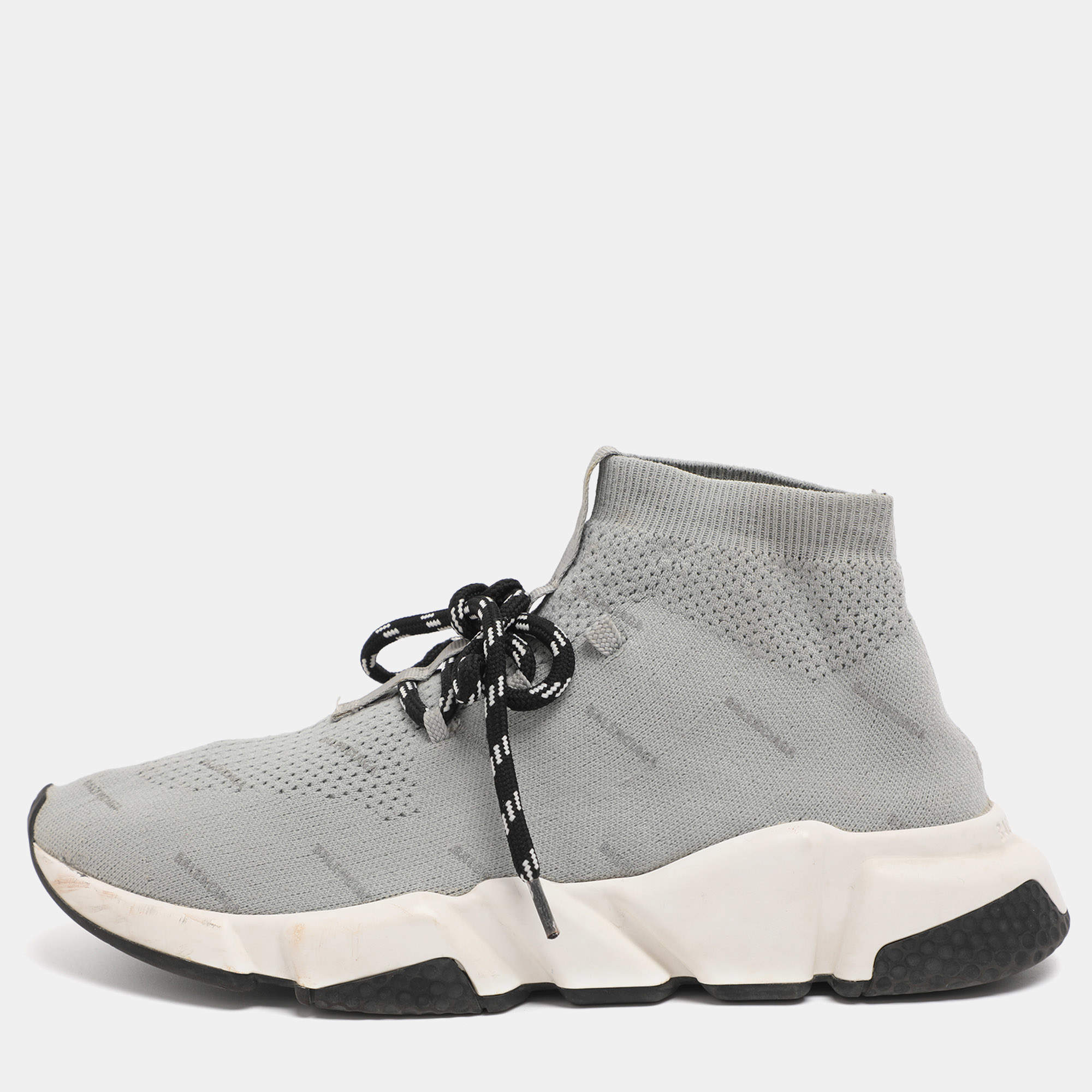 Pre Owned Balenciaga Grey Knit Fabric Speed Trainer Lace Up Sneakers Size 40