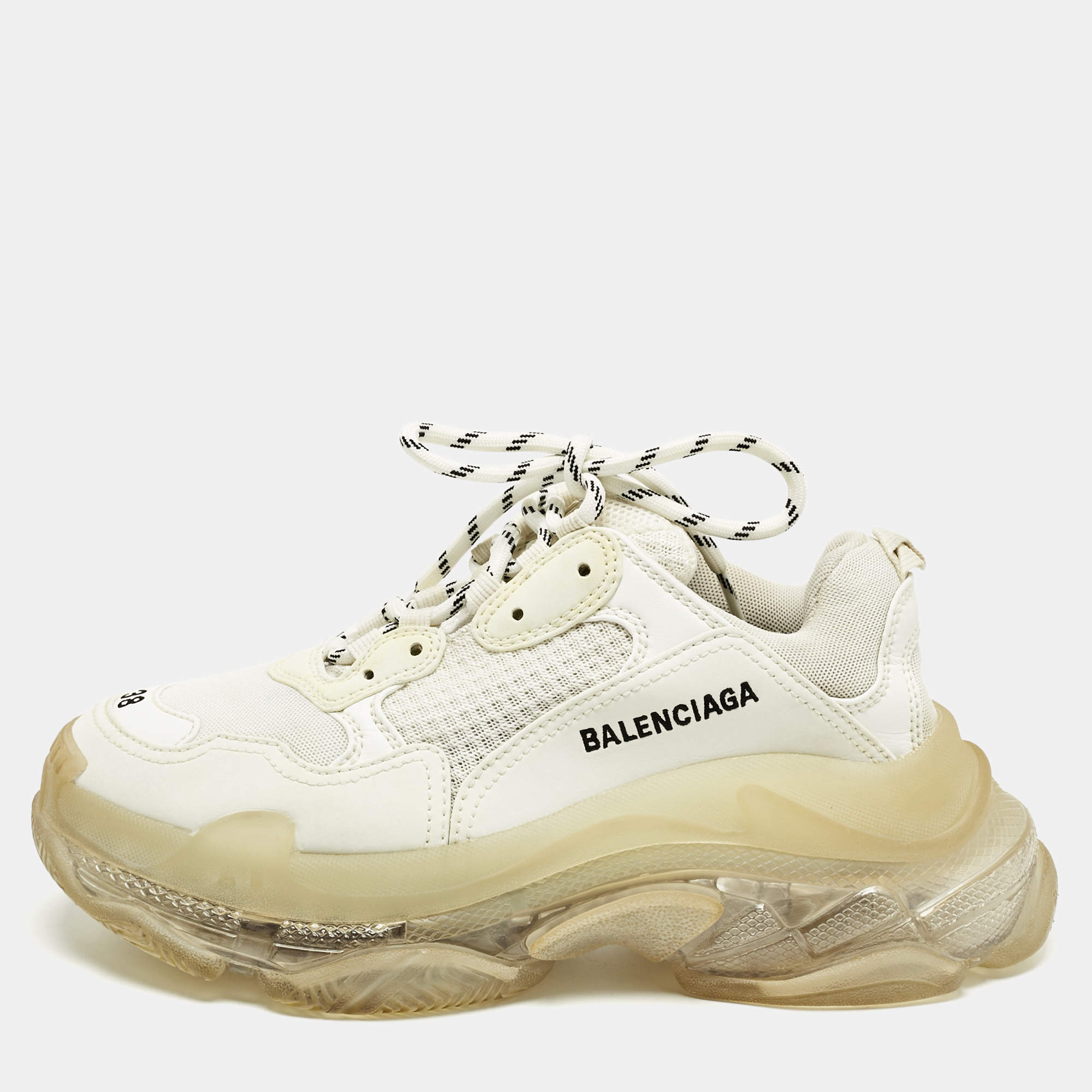Pre Owned Balenciaga White Faux Leather and Mesh Triple S Sneakers Size 38