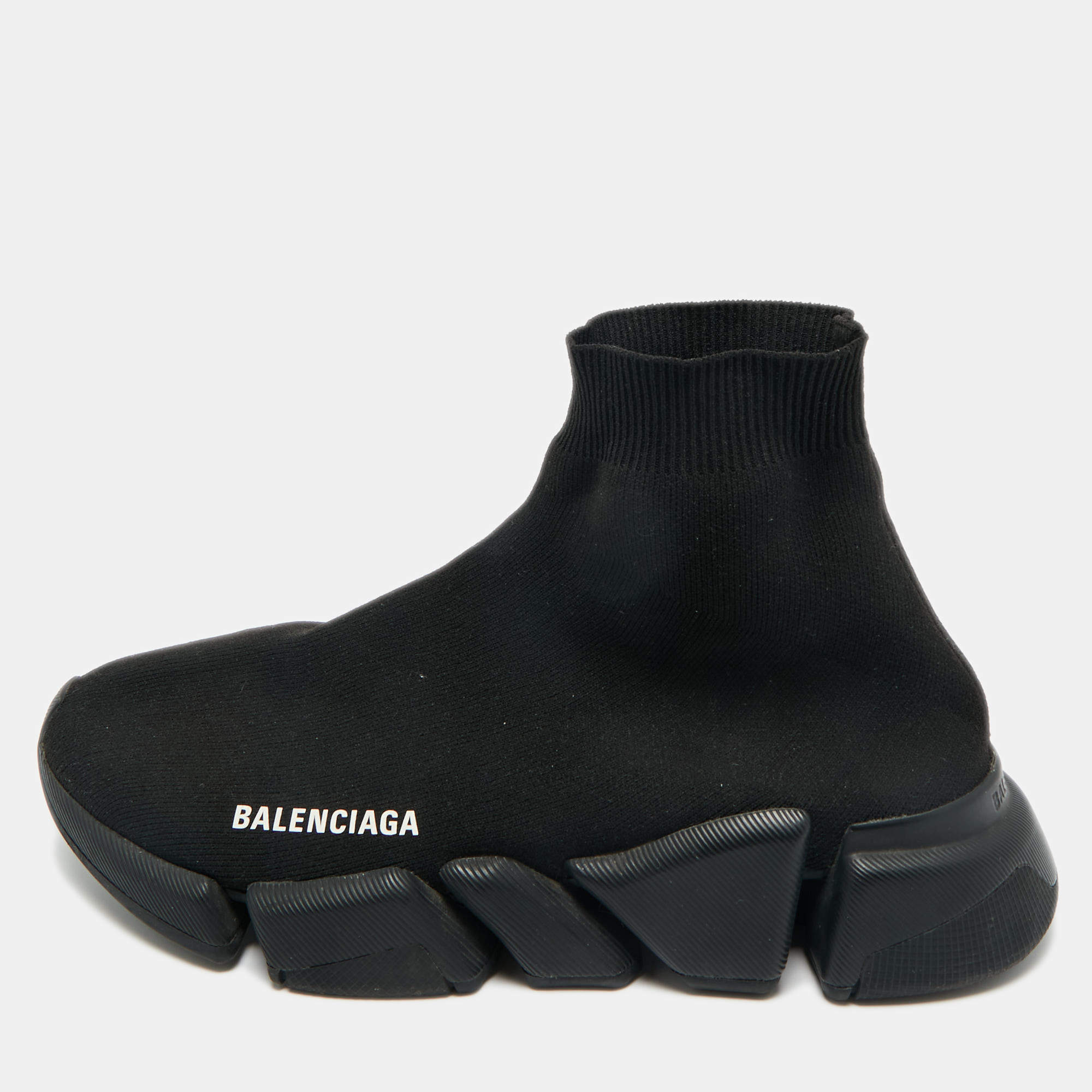 مملوكة مسبقًا Balenciaga Black Knit Fabric Speed Trainer High Top Sneakers Size 39