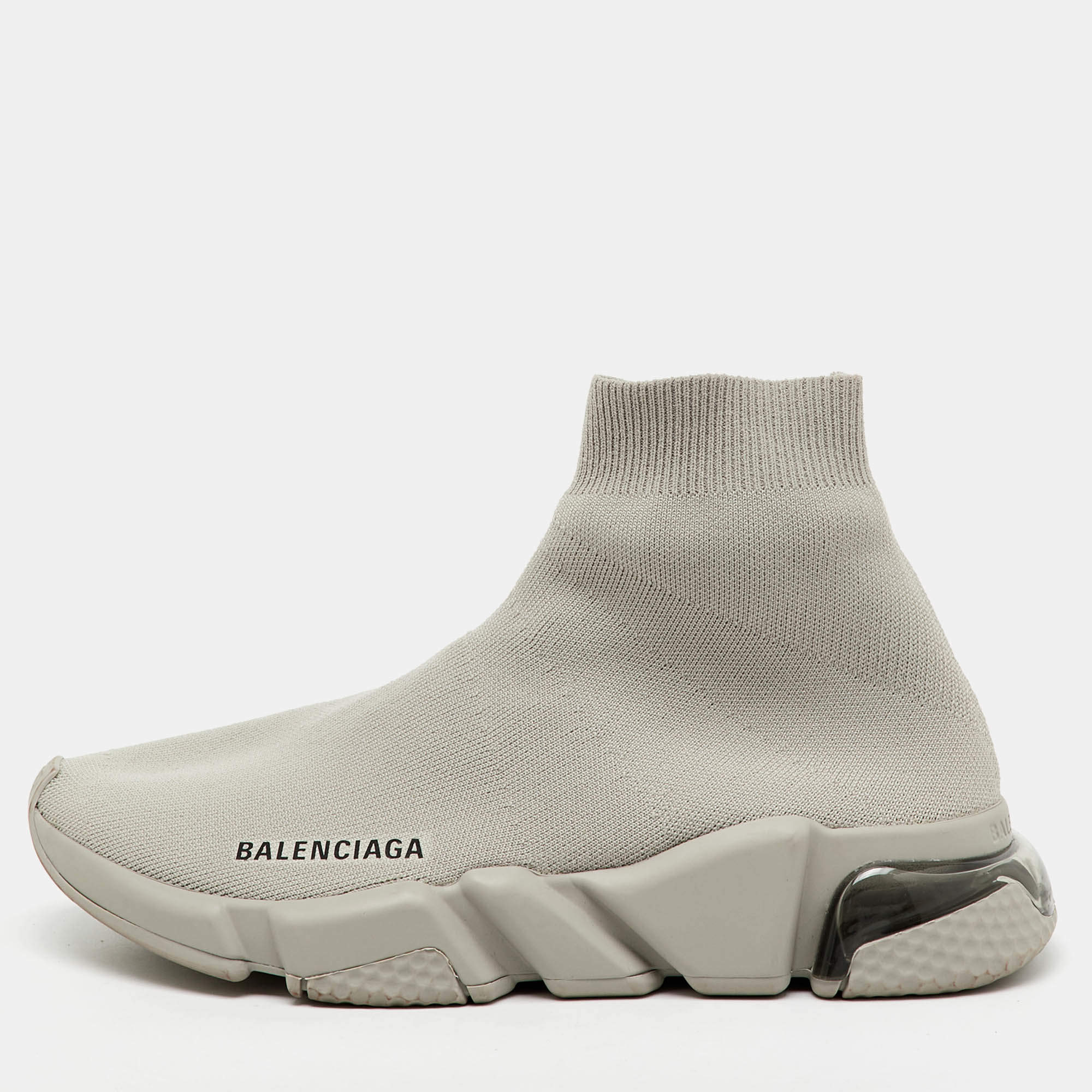 Pre Owned Balenciaga Light Grey Knit Fabric Speed Trainer Clear Sole Sneakers Size 38