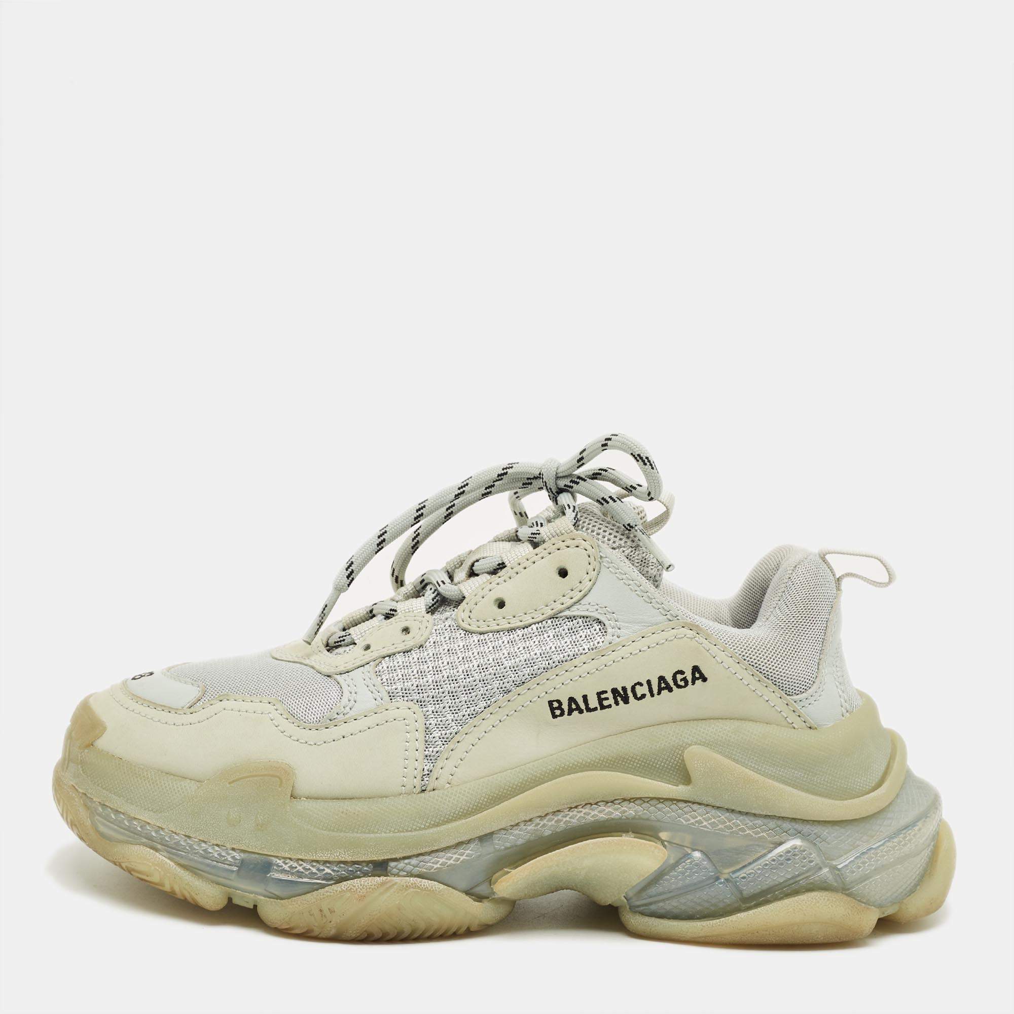 Pre Owned Balenciaga Pastel Blue Faux Leather and Mesh Triple S Clear Sole Sneakers Size 38