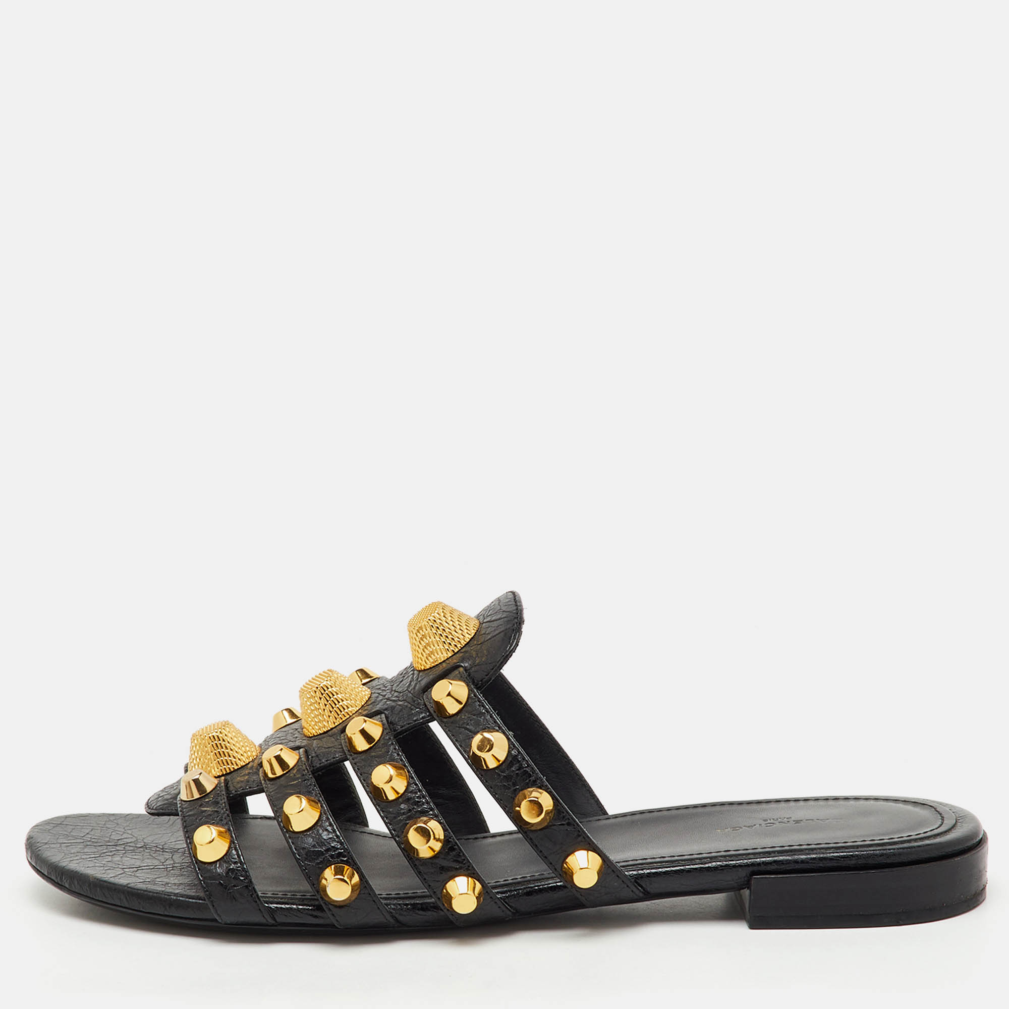 Pre Owned Balenciaga Black Leather Studded Arena Flat Slide Sandals Size 39