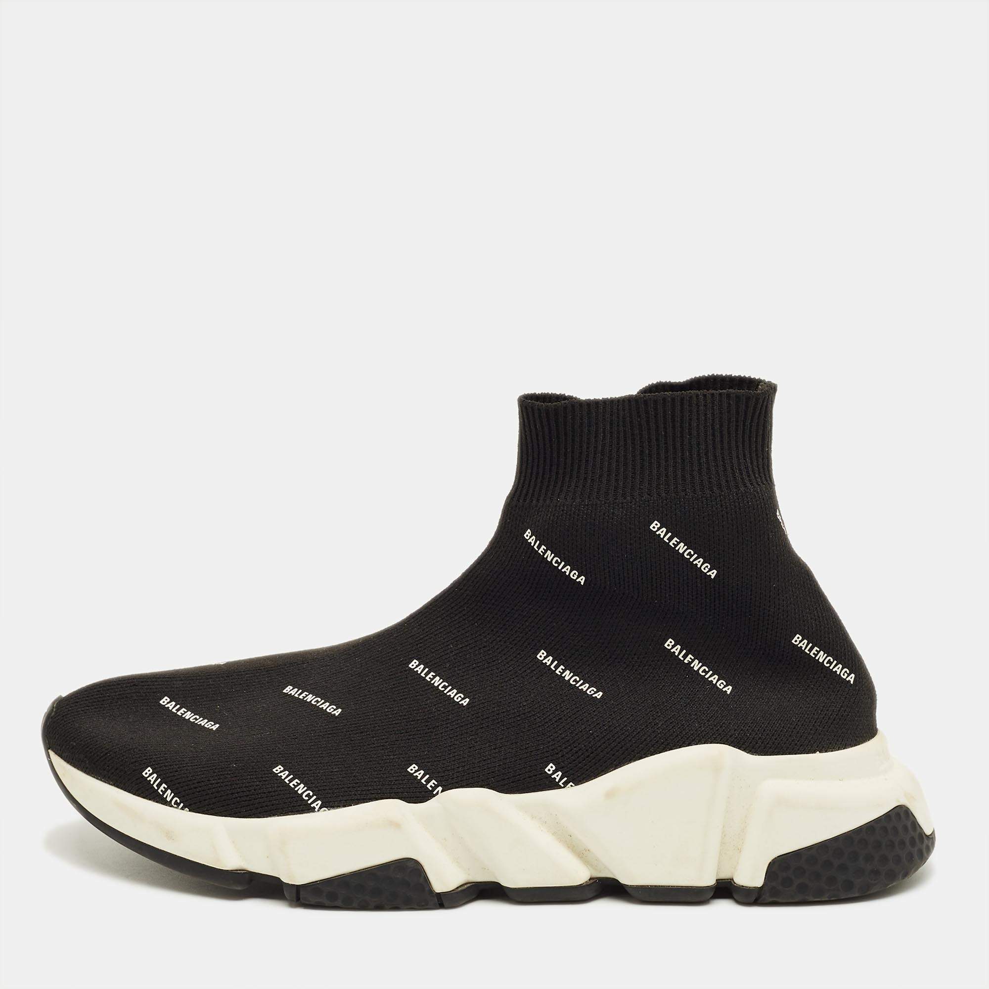Pre Owned Balenciaga Black/White Knit Fabric Allover Logo Speed Trainer Sneakers Size 37