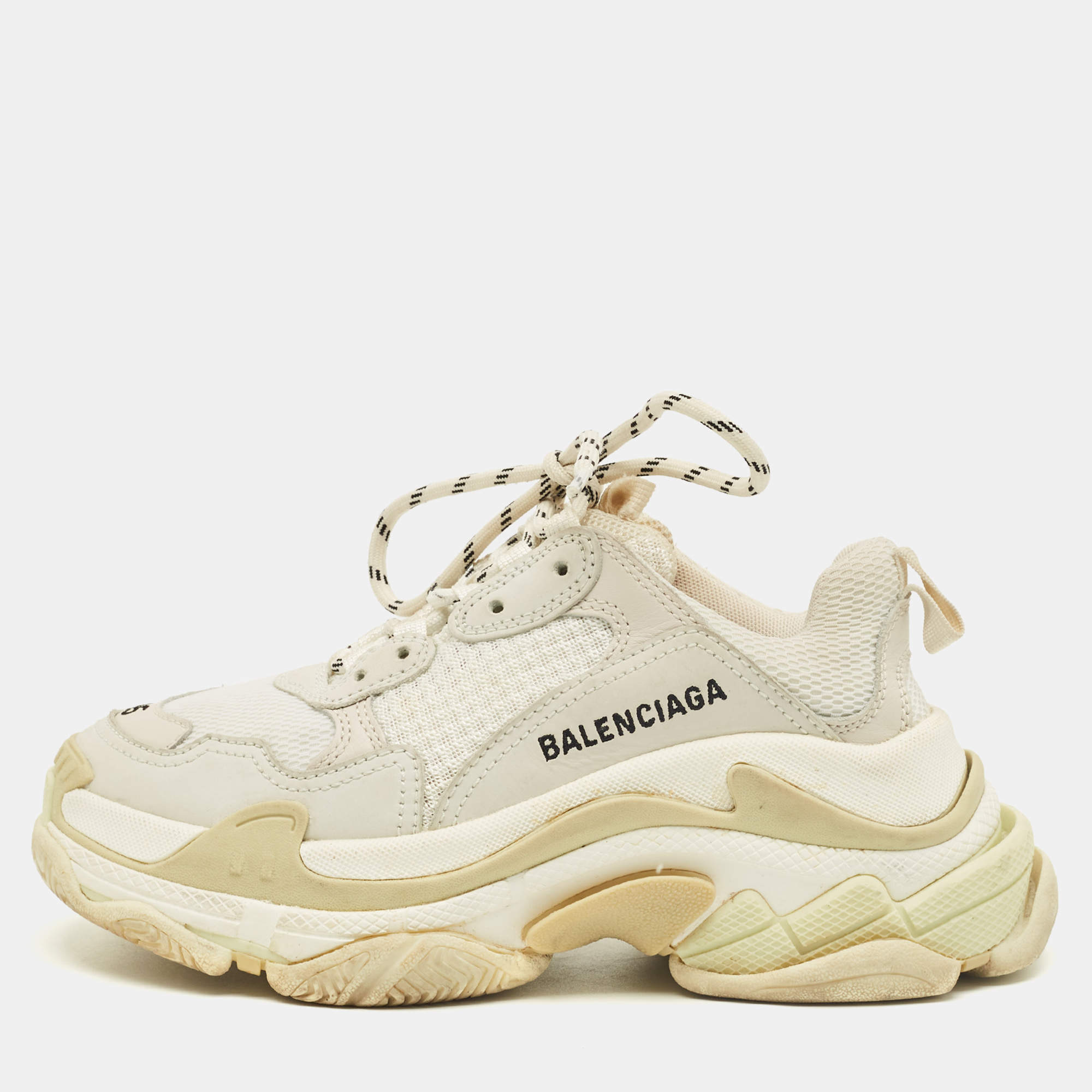 Pre Owned Balenciaga White Leather and Mesh Triple S Sneakers Size 35