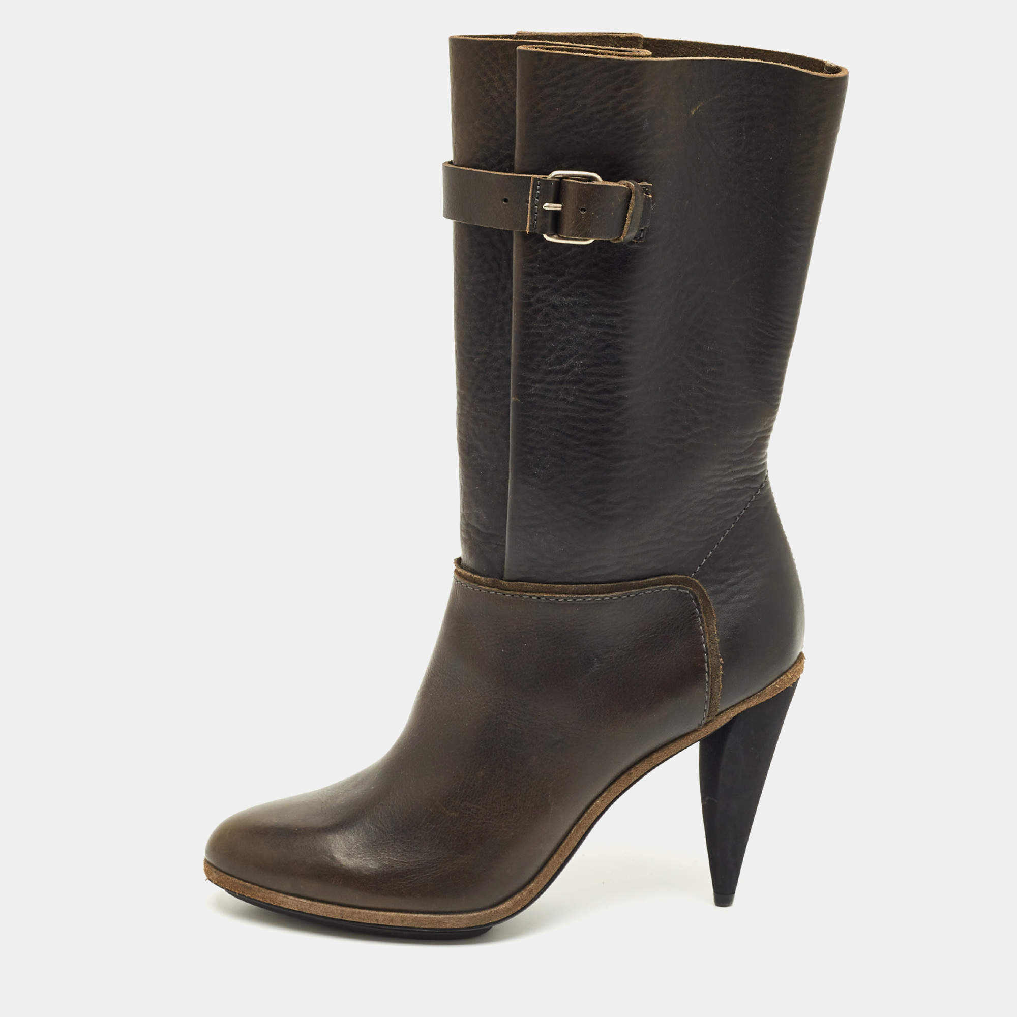 Pre Owned Balenciaga Dark Green Leather Buckle Details Mild Calf Length Boots Size 37.5