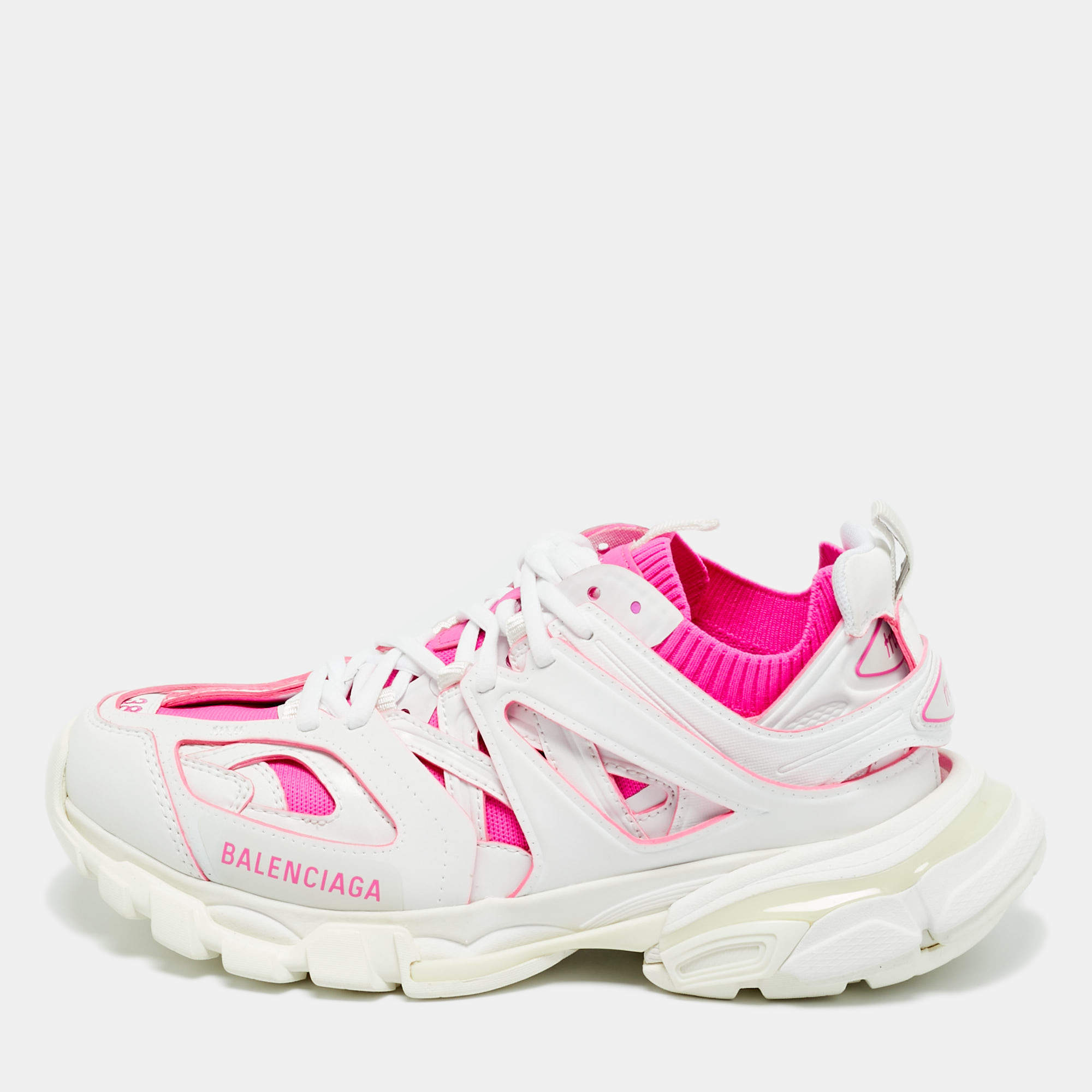 Pre Owned Balenciaga White/Pink Mesh and Faux Leather Track Sneakers Size 38