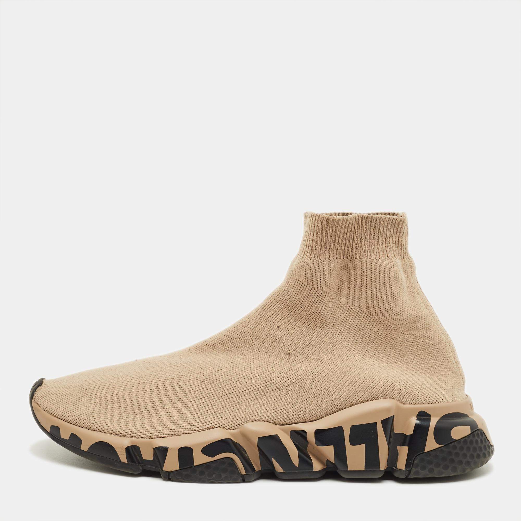 Pre Owned Balenciaga Speed Trainer Size 39 Beige Knit Fabric High Top Sneakers