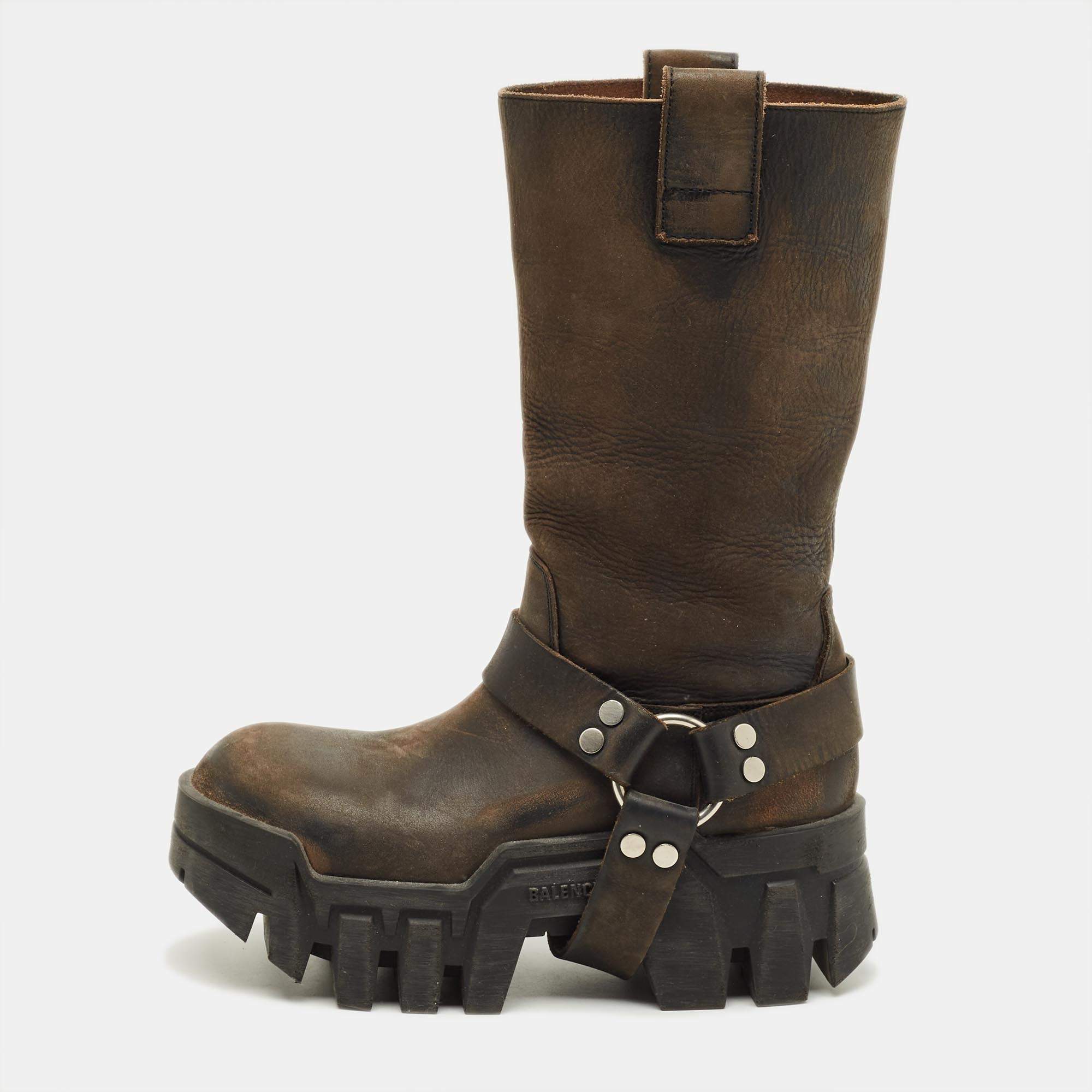 Pre Owned Balenciaga Bulldozer Size 39 Brown Leather Harness Boots