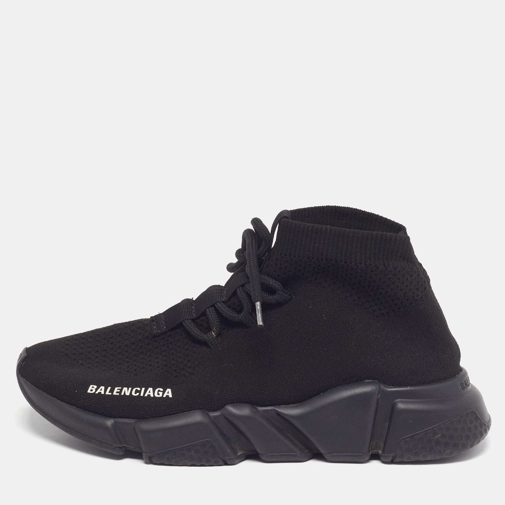 مملوكة مسبقًا Balenciaga Speed Trainer Size 38 Black Knit Fabric High Top Sneakers