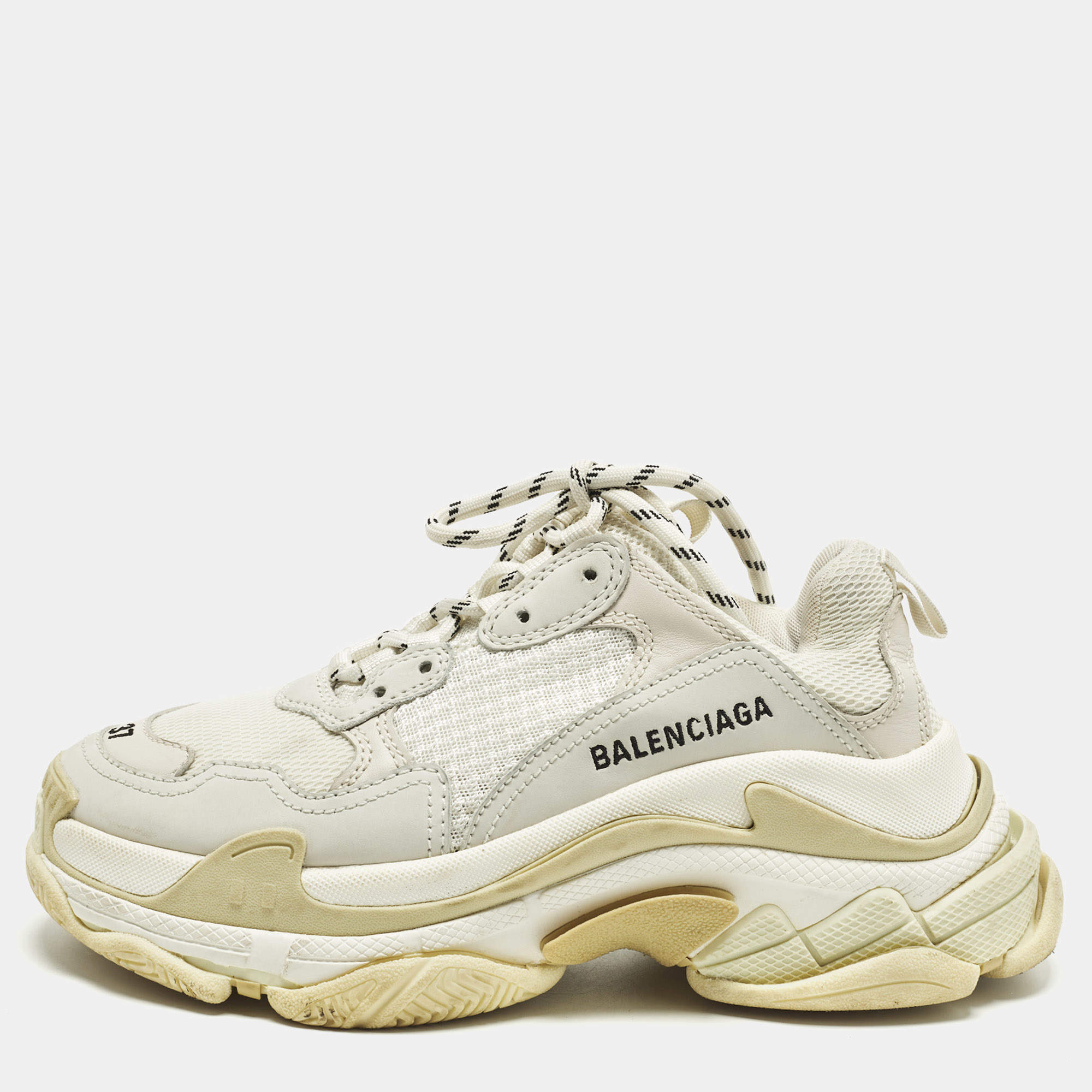 Pre Owned Balenciaga Triple S Size 37 White Faux Leather and Mesh Lace Up Sneakers