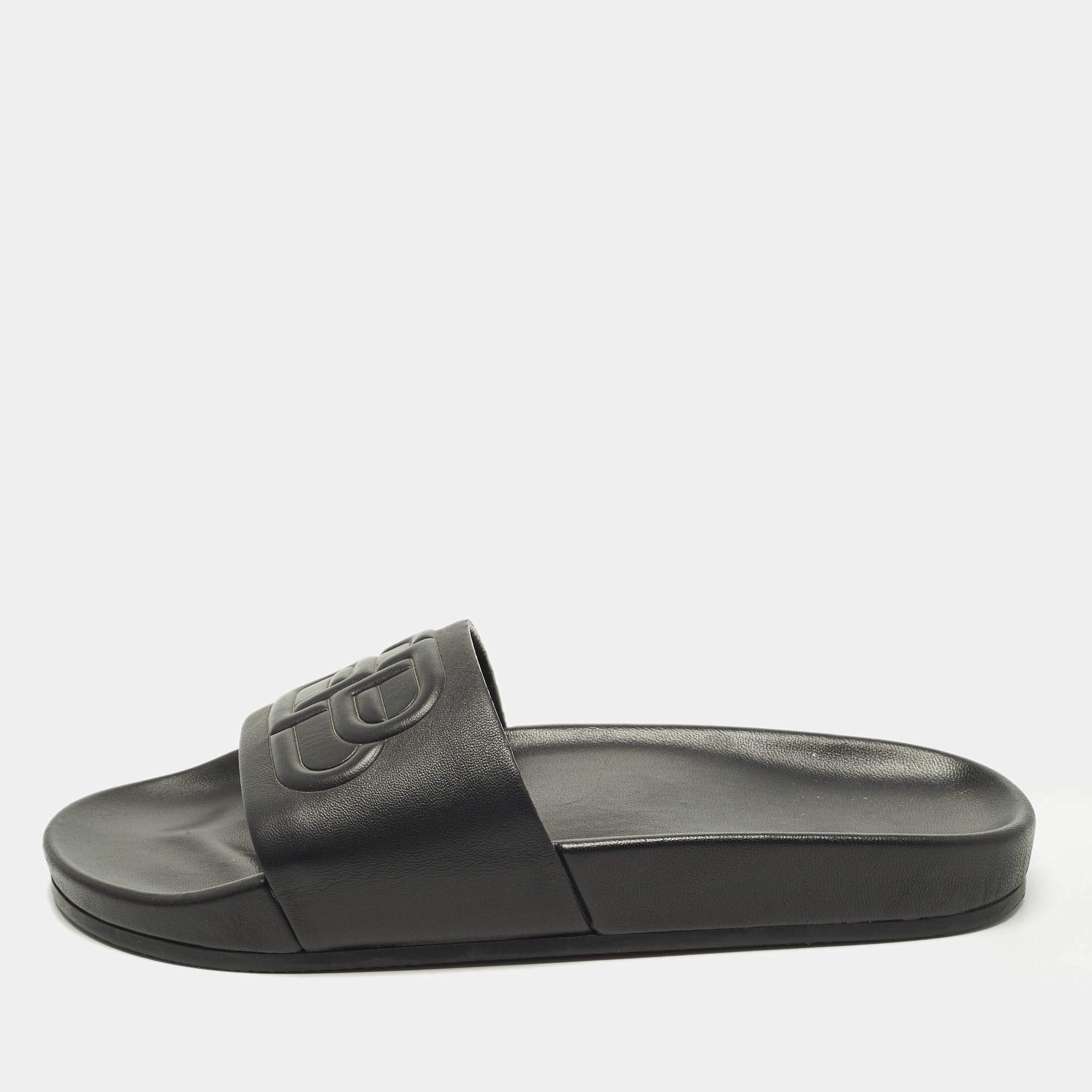 Pre Owned Balenciaga Piscine Size 39 Black Leather Flat Slide