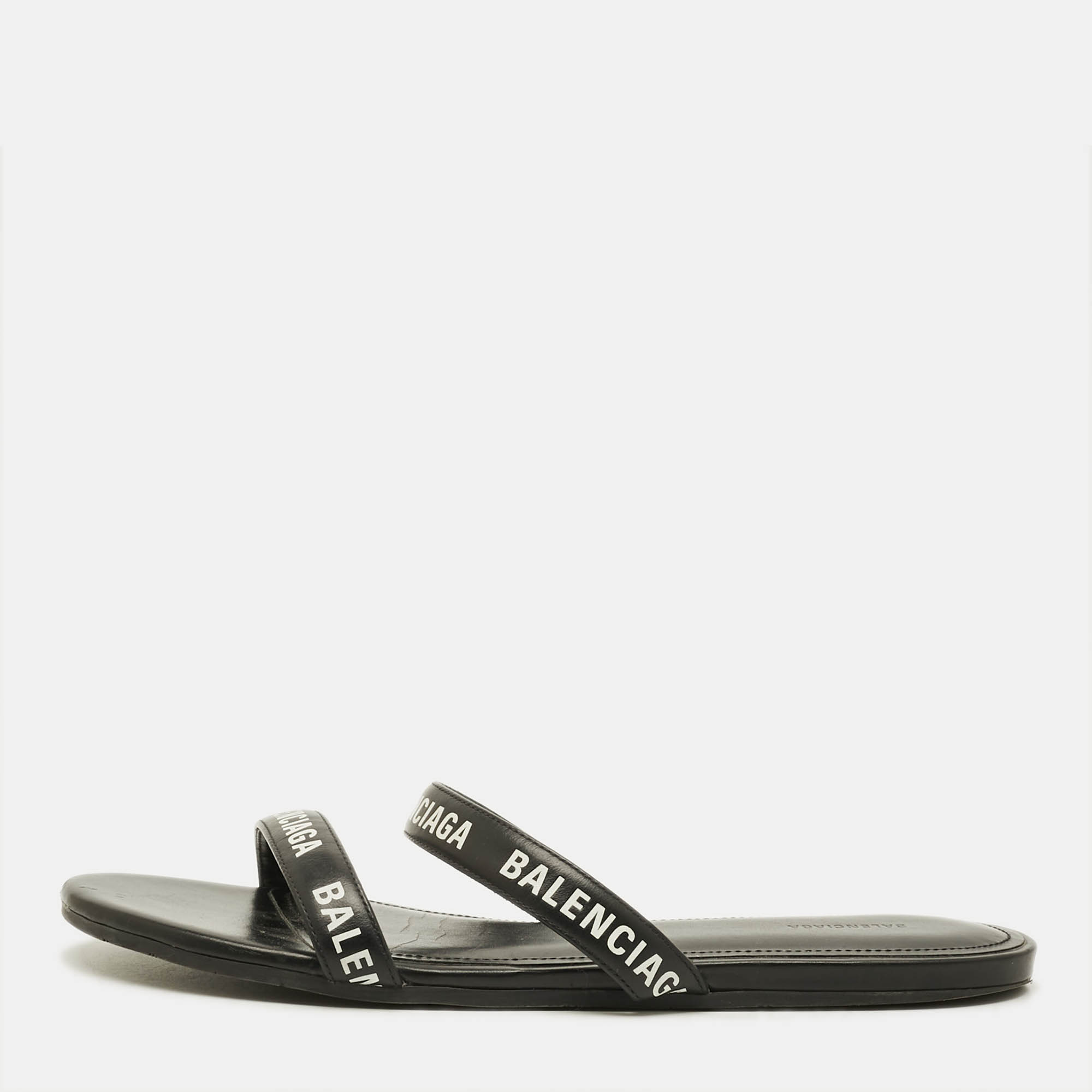 Pre Owned Balenciaga Round Size 37 Black Logo Print Leather Flat Sandals