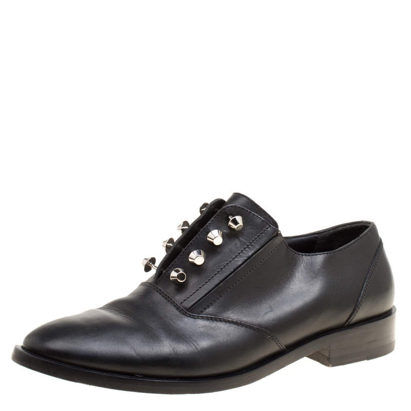 Pre Owned Balenciaga Black Leather Stud Embellished Oxfords Size 39.5