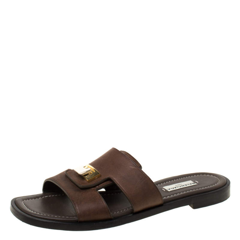 Balenciaga Dark Brown Leather Flip Lock Flat Slide Sandals Size 38