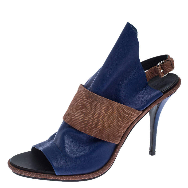 Balenciaga Blue/Brown Leather Open Toe Glove Slingback Sandals Size 40
