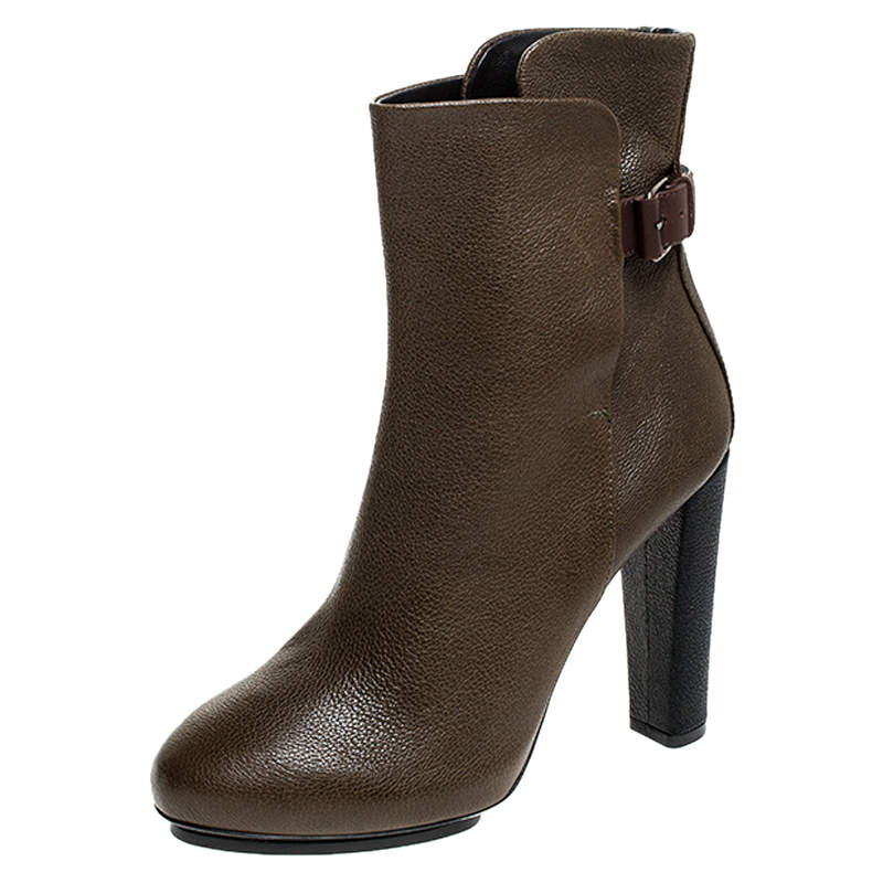 Pre Owned Balenciaga Brown/Black Textured Leather Block Heel Ankle Boots Size 38.5