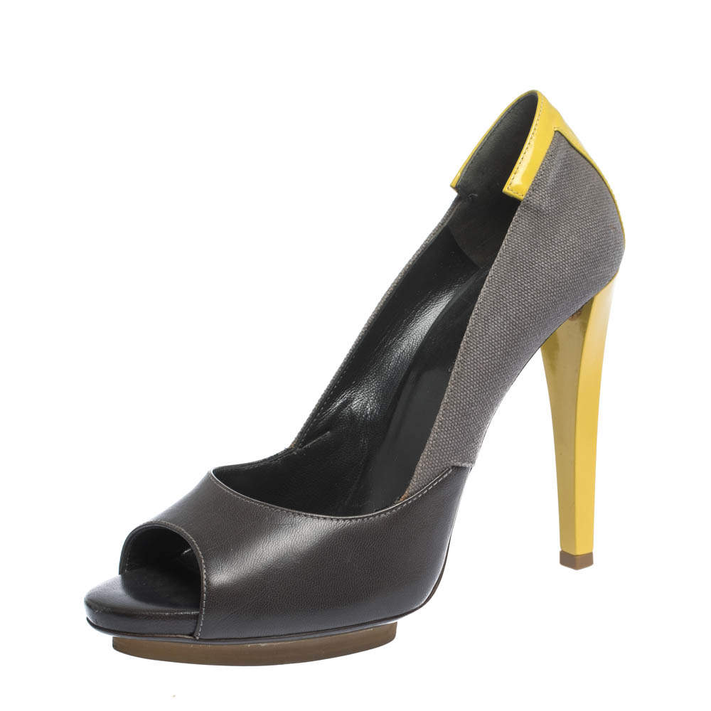 Balenciaga Grey/Yellow Canvas and Leather Peep Toe Pumps Size 38