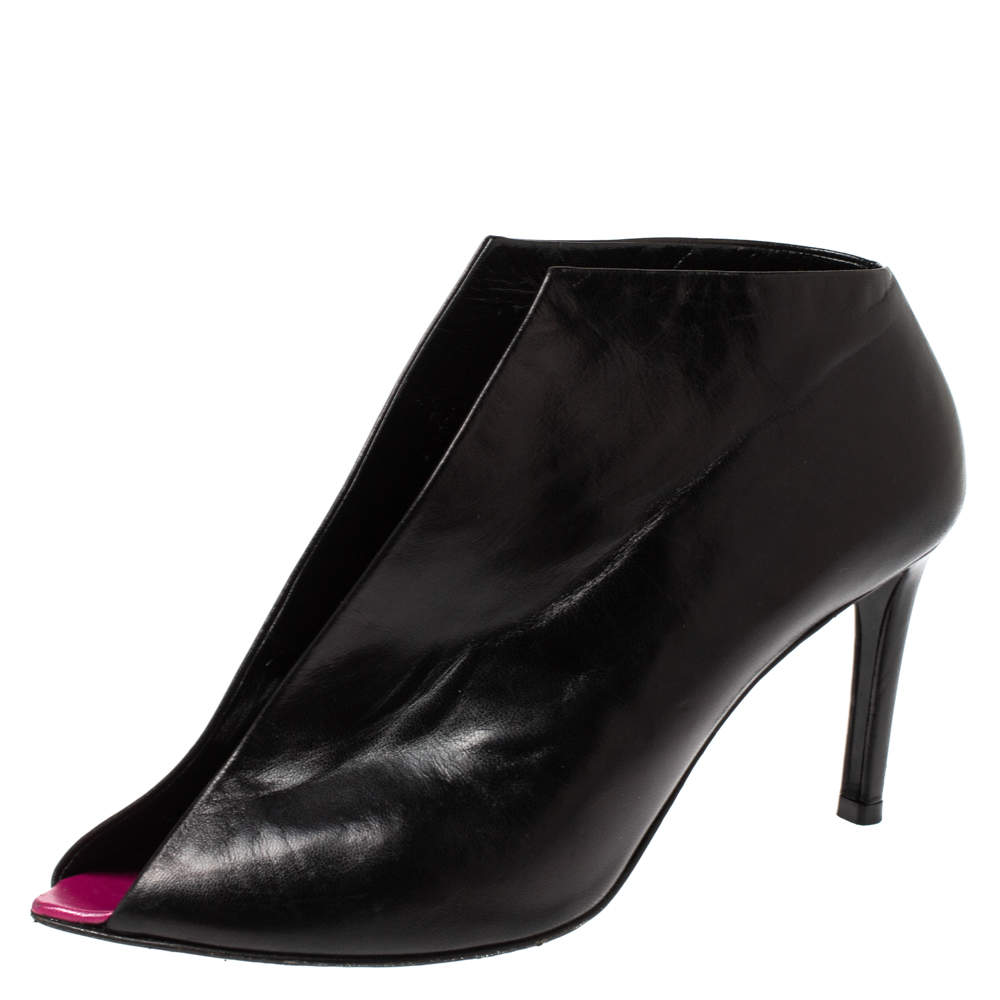 Pre Owned Balenciaga Black Leather Split Vamp Open Toe Booties Size 37