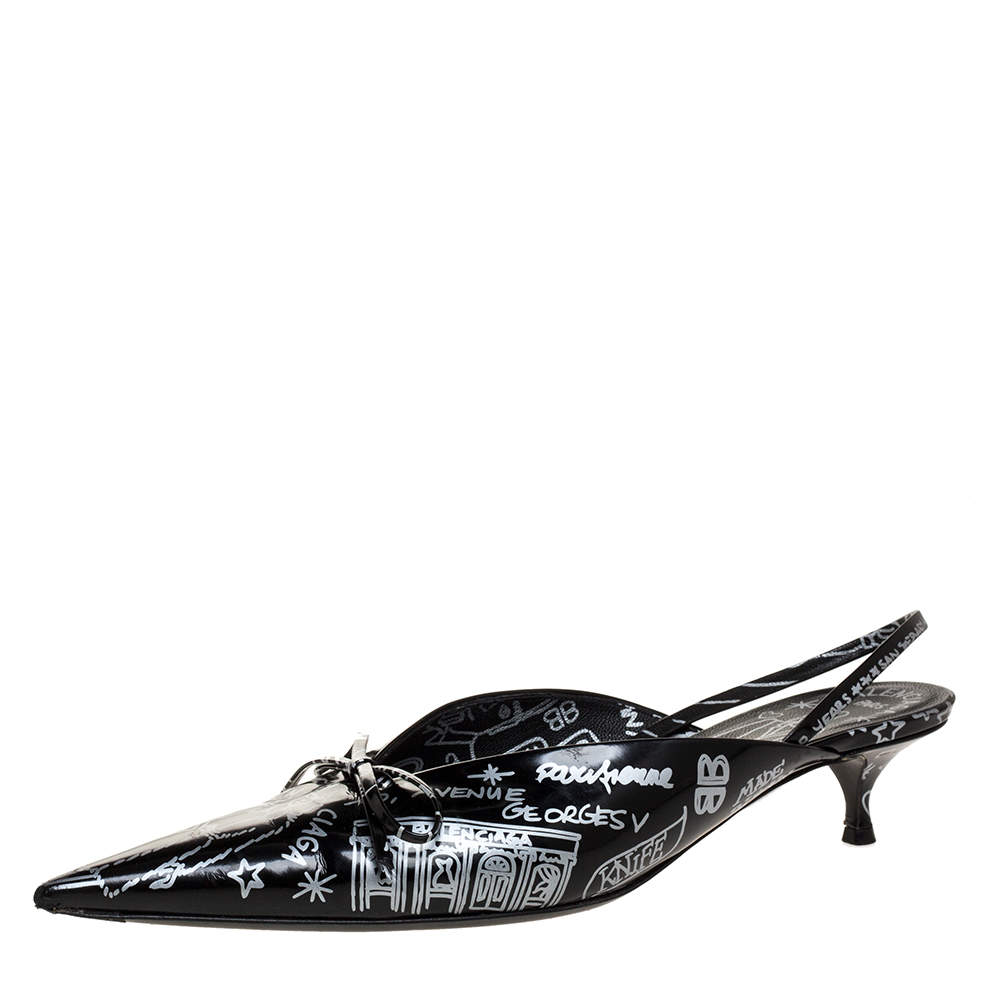 Balenciaga Black Leather Bow Printed Slingback Sandals Size 41