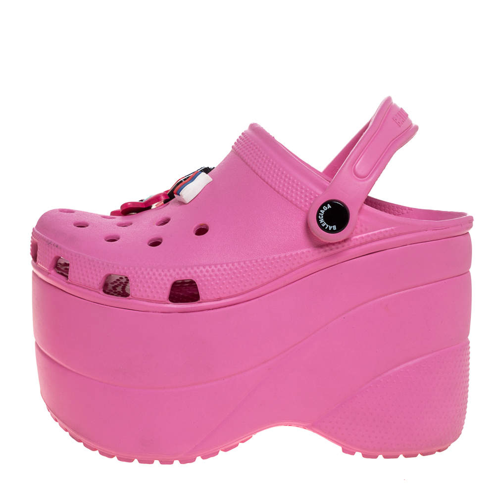 Balenciaga Pink Rubber Crocs Embellished Platform Slingback Sandals Size 35