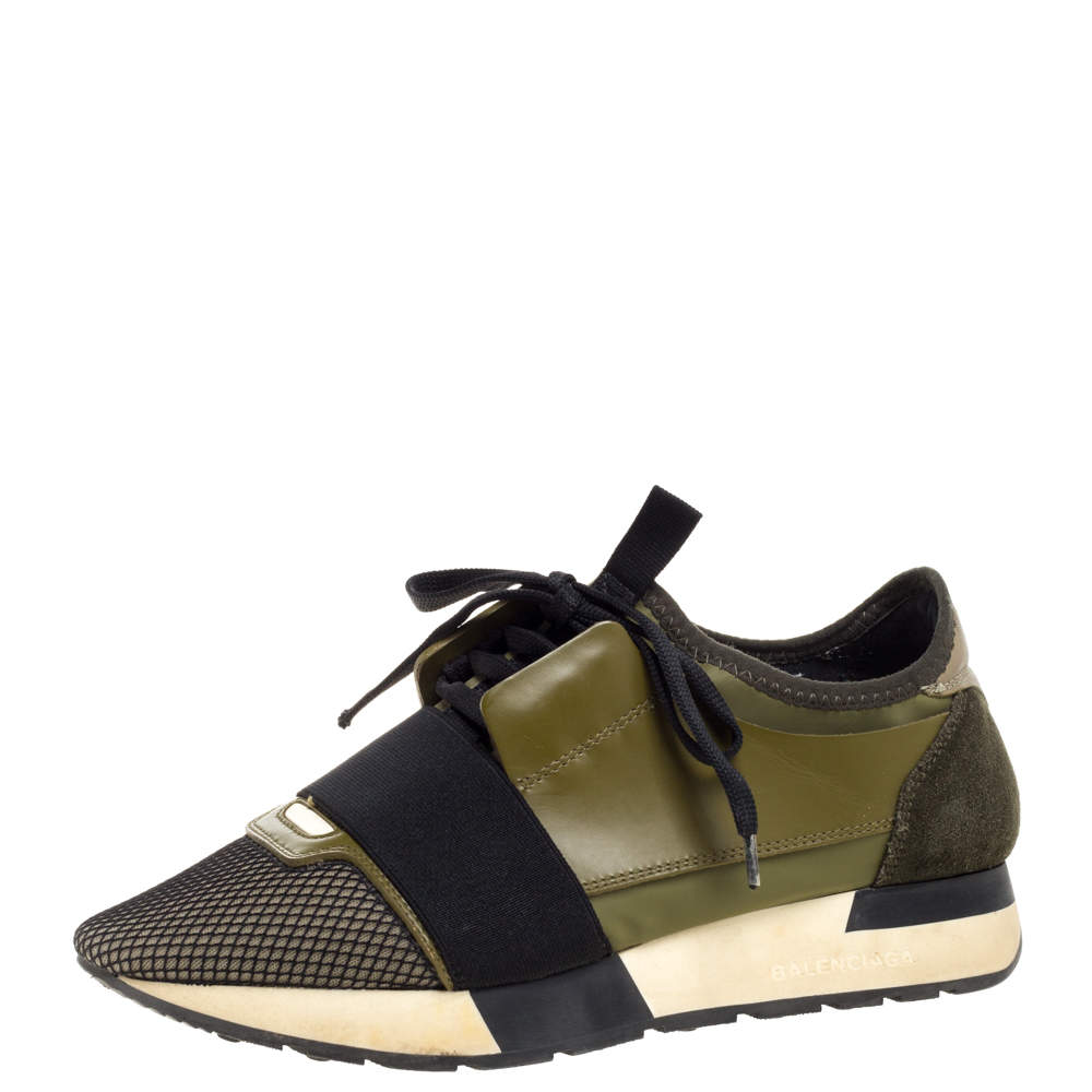 Balenciaga Military Green Leather And Suede Race Runner Low Top ...