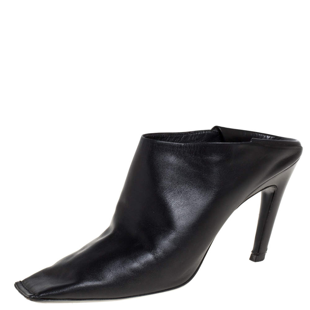 Balenciaga Black Leather Quadro Square Toe Foldable Heel Mules Size 38