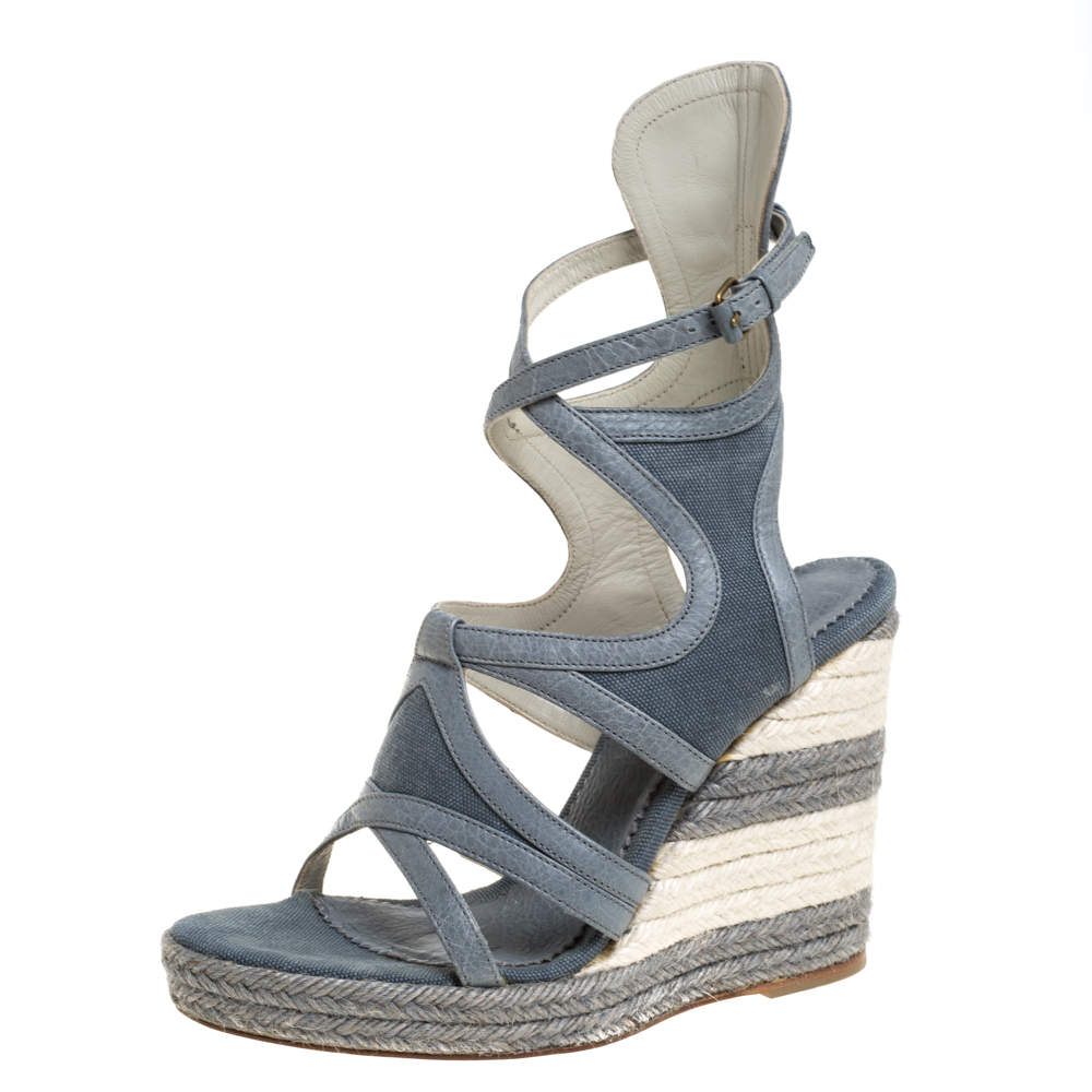 Pre Owned Balenciaga Grey Denim and Leather Trim Gladiator Wedge Platform Sandals Size 39
