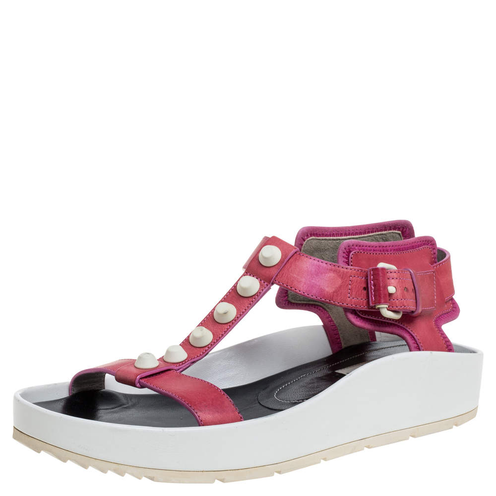 Balenciaga Pink Studded Leather T-Strap Platform Sandals Size 38