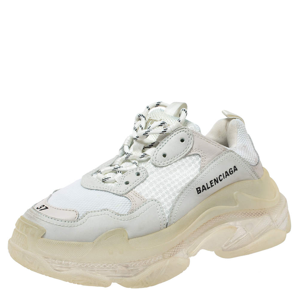 Balenciaga White Mesh And Leather Triple S Platform Sneakers Size 37