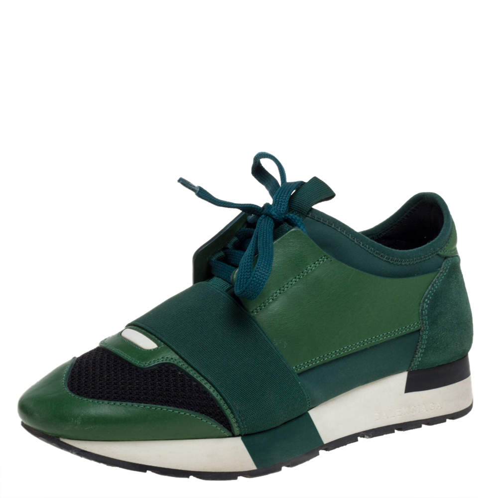 Balenciaga Green/Black Mesh And Suede Leather Race Runner Low Top Sneakers Size 36