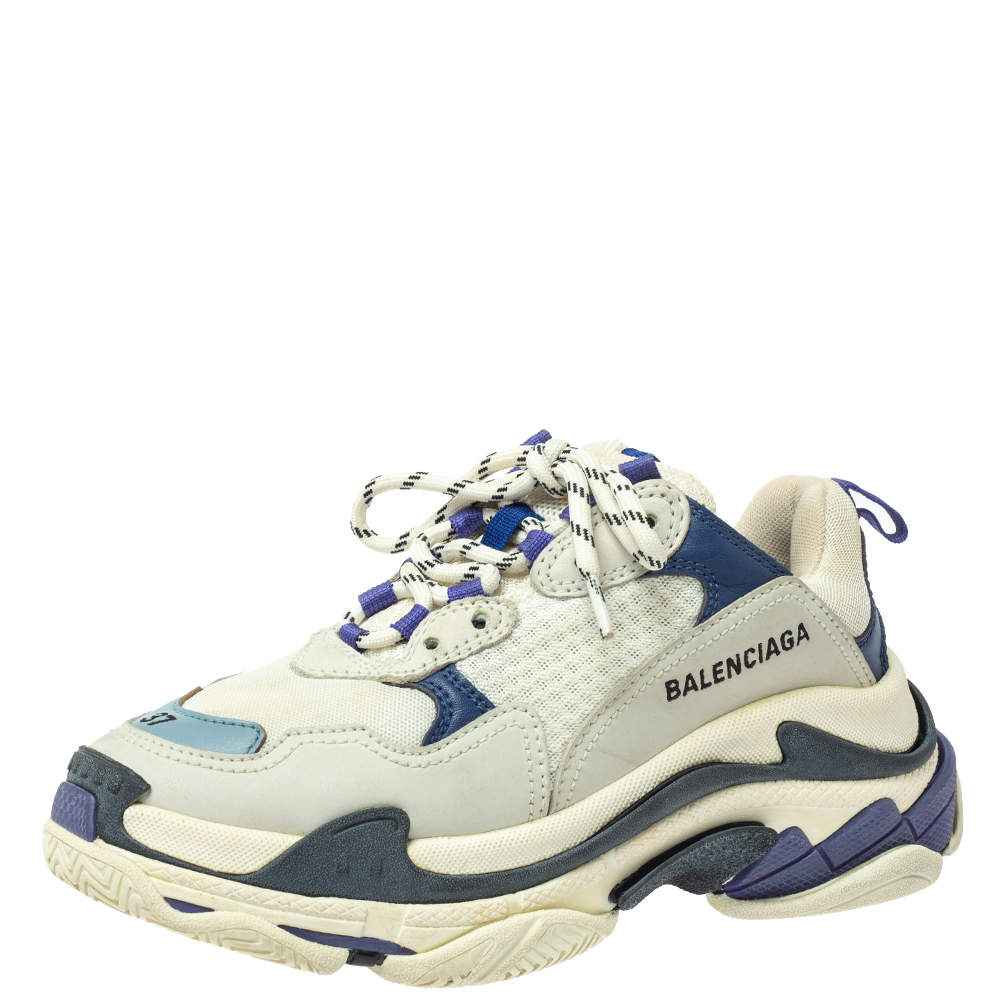 Balenciaga White/Blue Mesh And Leather Triple S Low Top Sneakers Size ...