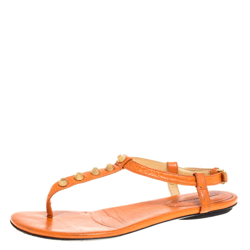 Pre Owned Balenciaga Orange Leather RH Thong Sandals Size 38