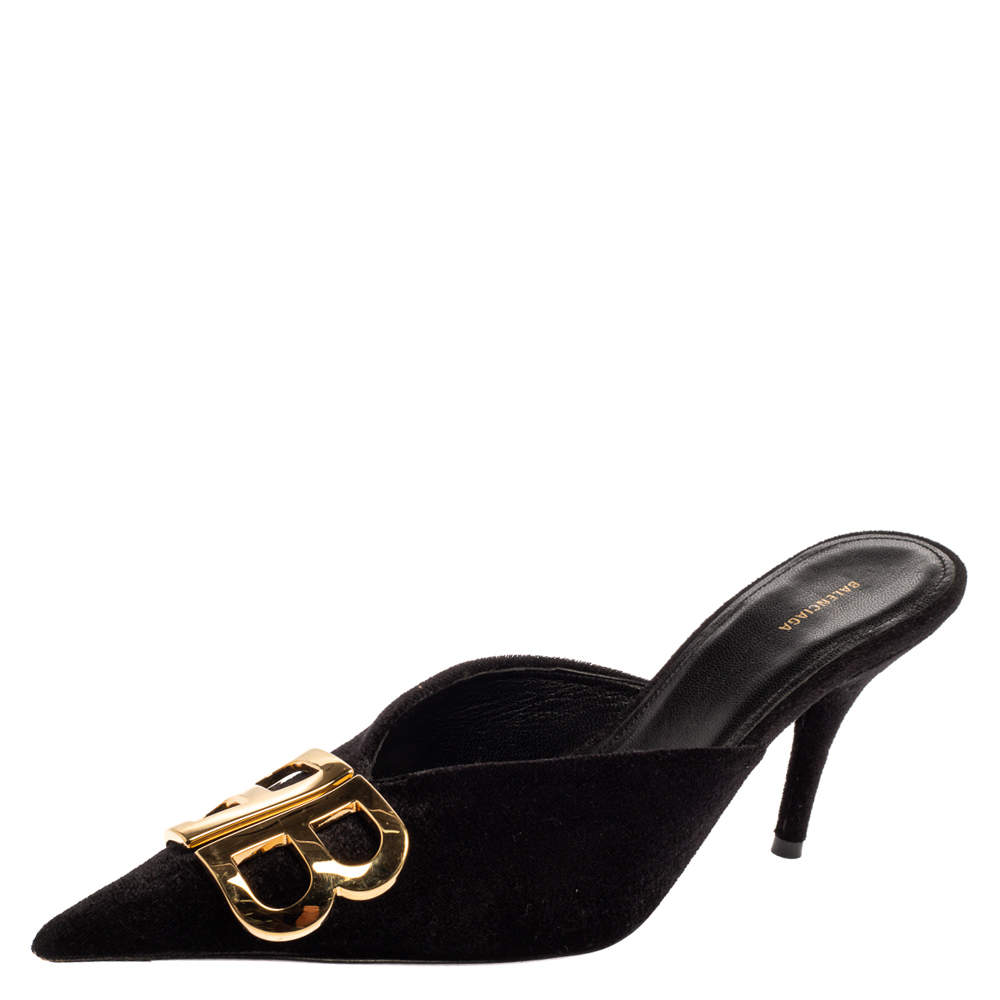 Balenciaga Black Velvet BB Logo Pointed Toe Mules Size 39