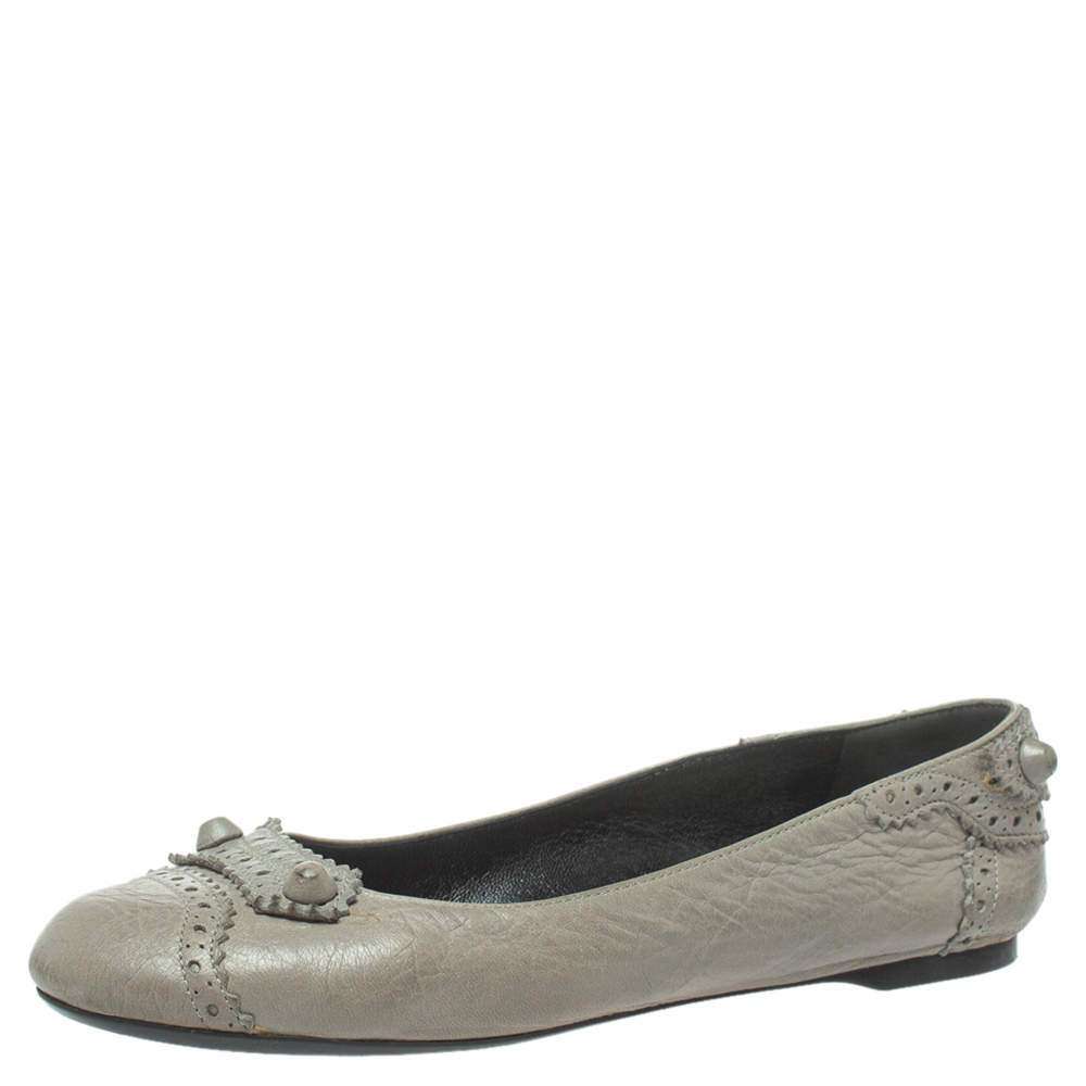 Balenciaga Grey Brogue Leather Arena Studded Ballet Flats Size 38.5 ...