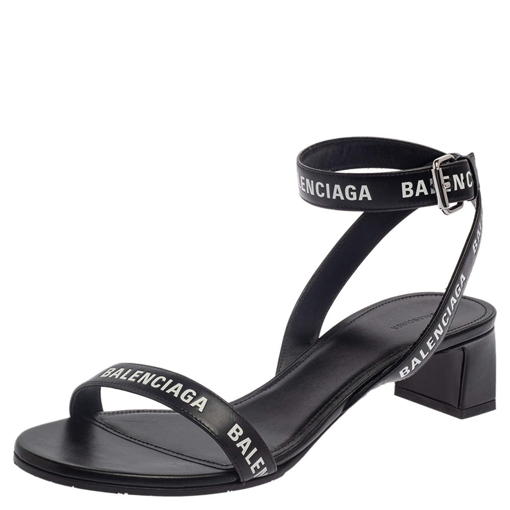 Pre Owned Balenciaga Black Leather Allover Logo Print Open Toe Ankle Strap Sandals Size 41