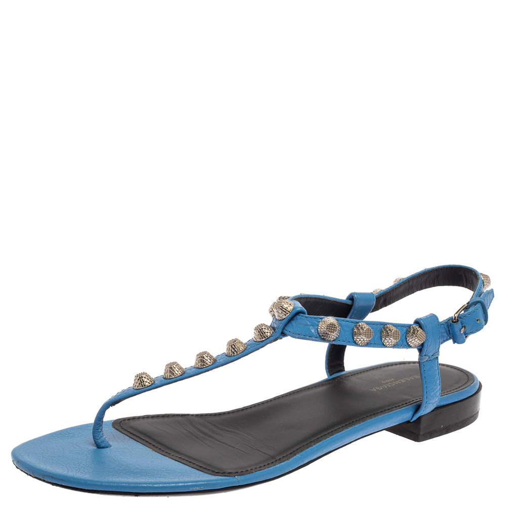 Balenciaga Blue Leather Studded Thong Flat Sandals Size 37.5