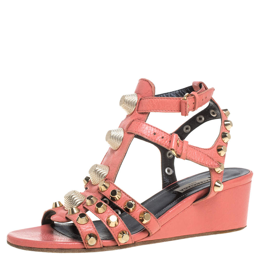 Balenciaga Pink Leather Arena Studded Gladiator Wedge Sandals Size 37