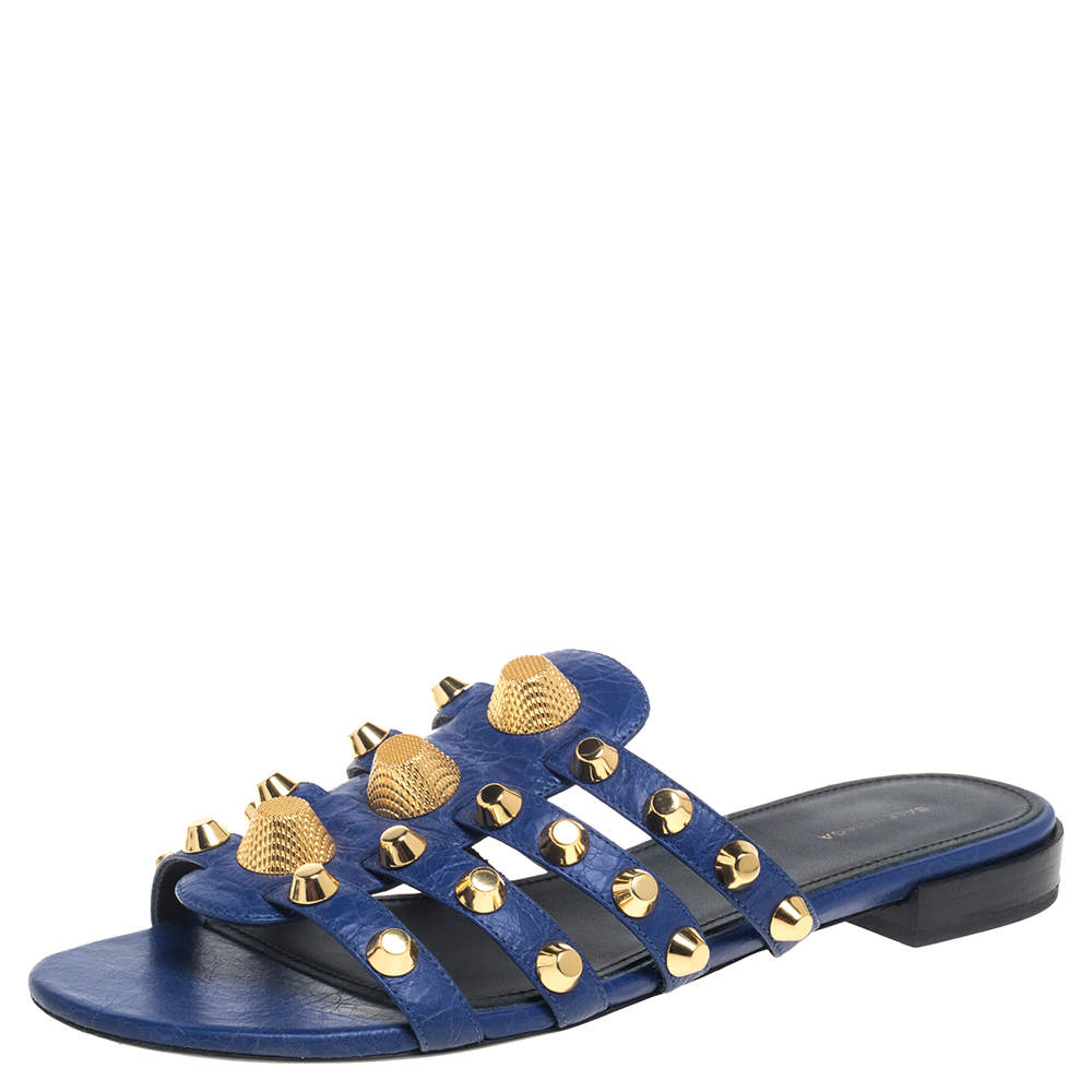 Pre Owned Balenciaga Blue Leather Arena Studded Strappy Flats Size 39 