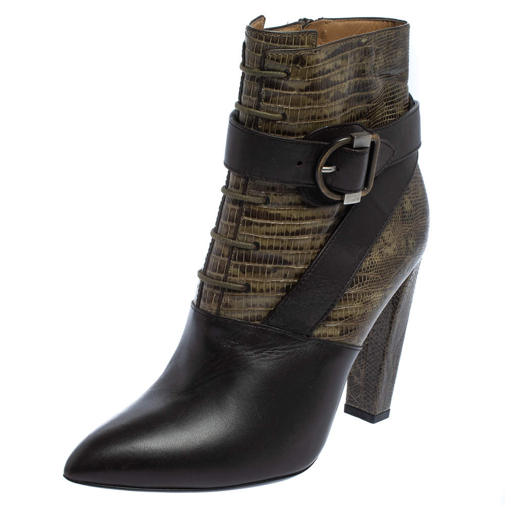 Pre Owned Balenciaga Black Lizard Embossed Leather Ankle Length Boots Size 39