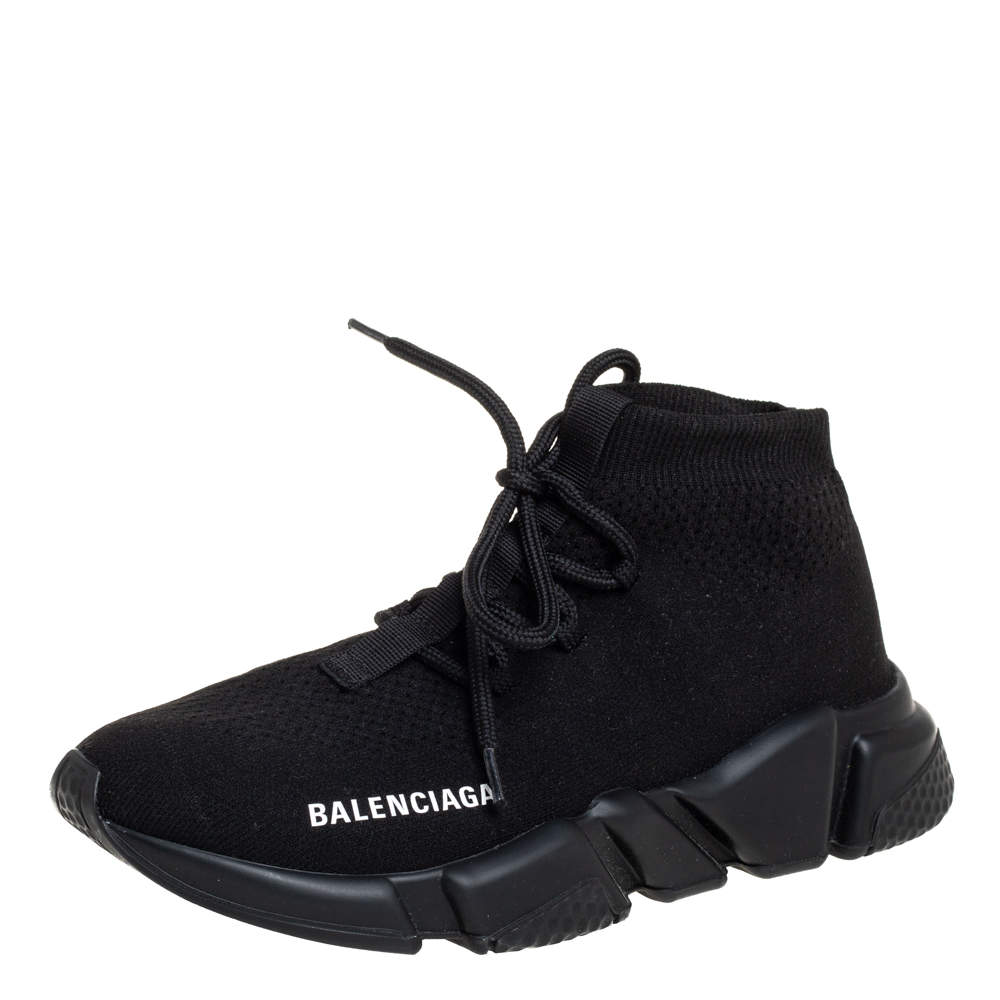 Pre Owned Balenciaga Black Knit Fabric Speed Trainer Lace Up Sneakers Size 37