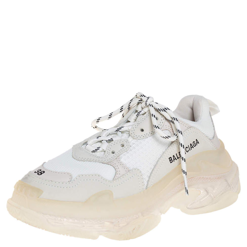 Balenciaga White Mesh And Leather Triple S Clear Sole Platform Sneakers ...